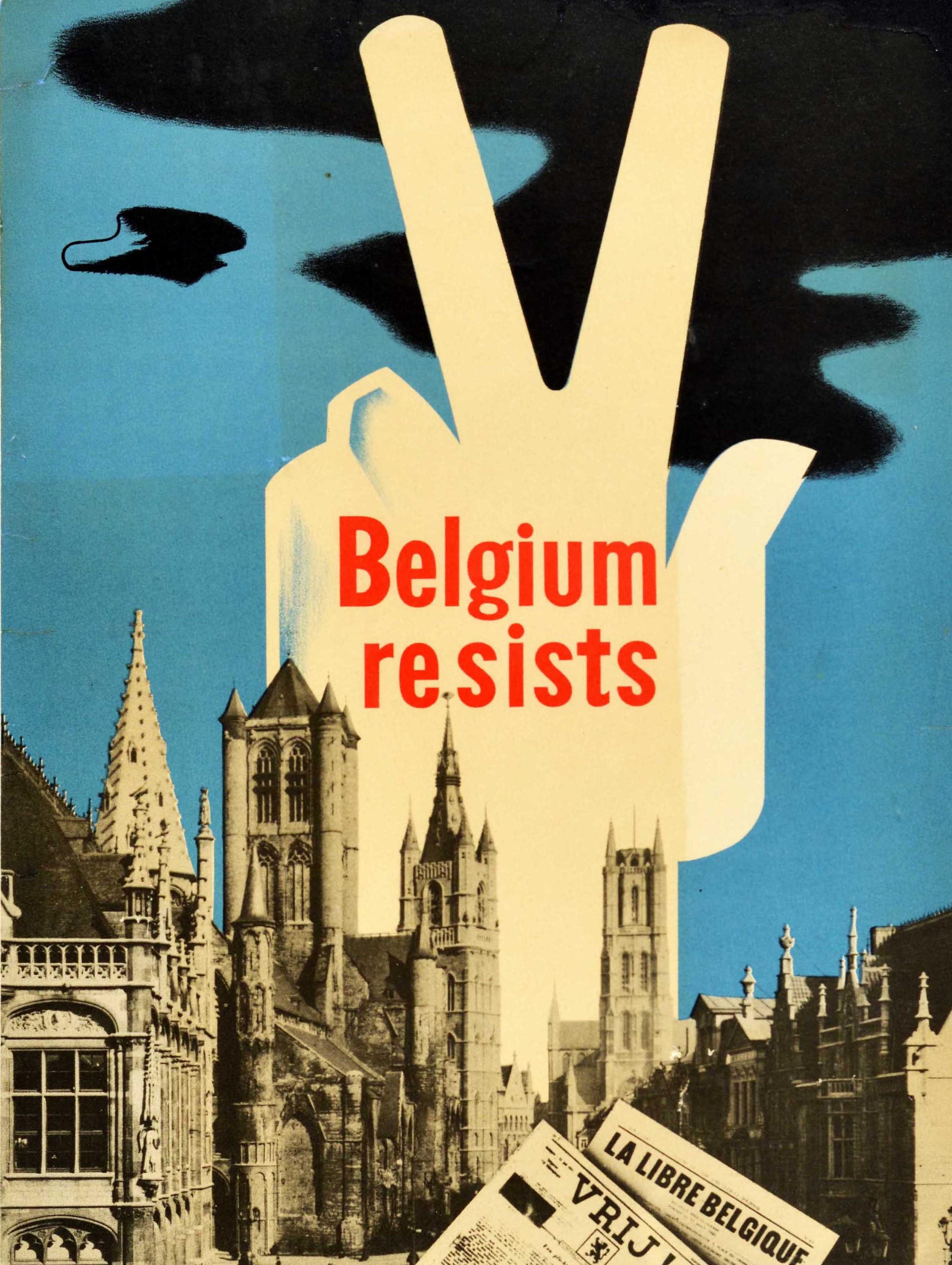 American Original Vintage WWII Poster Belgium Resists V Victory Sign War Relief Fund USA For Sale