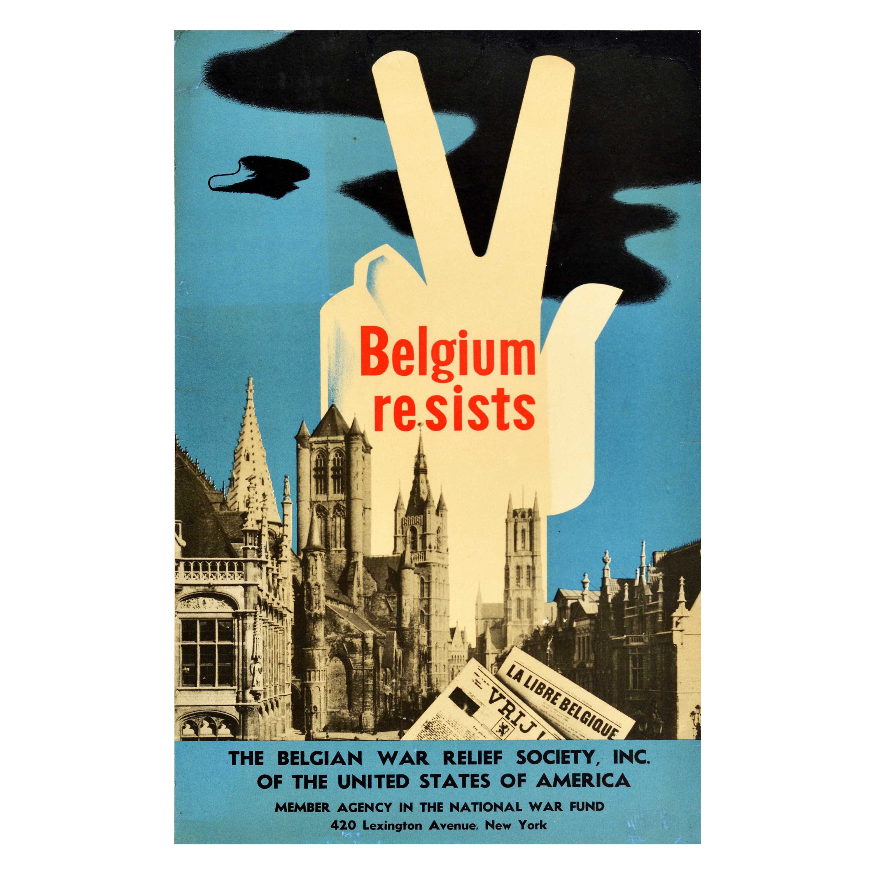 Poster originale d'epoca della seconda guerra mondiale Belgio Resiste V Segno di vittoria Fondo di soccorso della guerra USA
