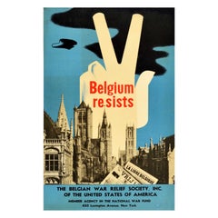 Poster originale d'epoca della seconda guerra mondiale Belgio Resiste V Segno di vittoria Fondo di soccorso della guerra USA