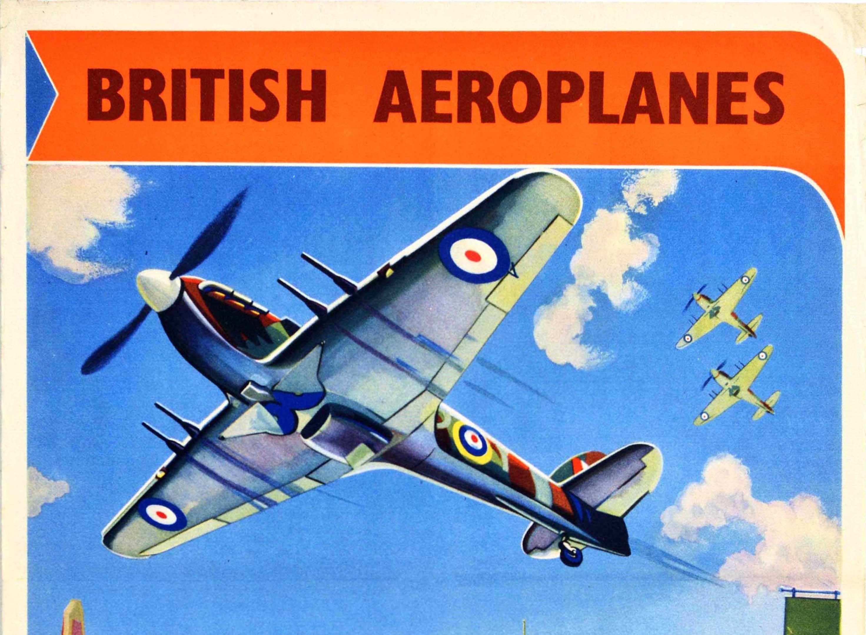 Original vintage World War Two propaganda poster - British Aeroplanes Guard African Skies - featuring a colourful design depicting a Royal Air Force RAF Spitfire plane flying low over a busy street in Africa with a hill in the distance and two more