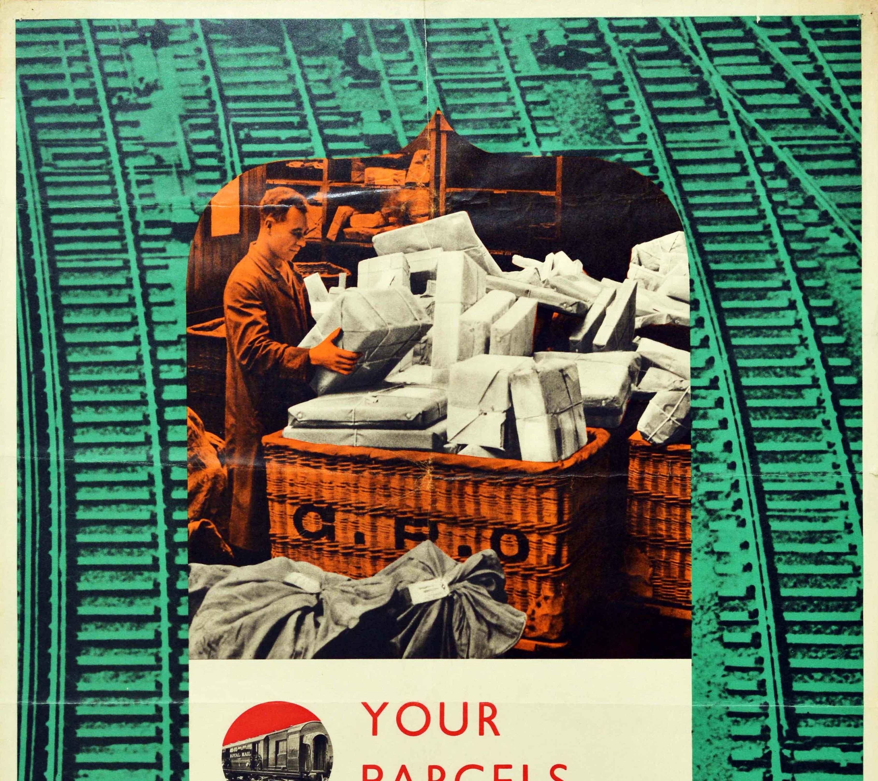 Original vintage propaganda poster printed by British Railways during World War Two - Your Parcels and Letters Depend on the Lines Behind the Lines - one of a series of war effort posters highlighting the importance of railway services for