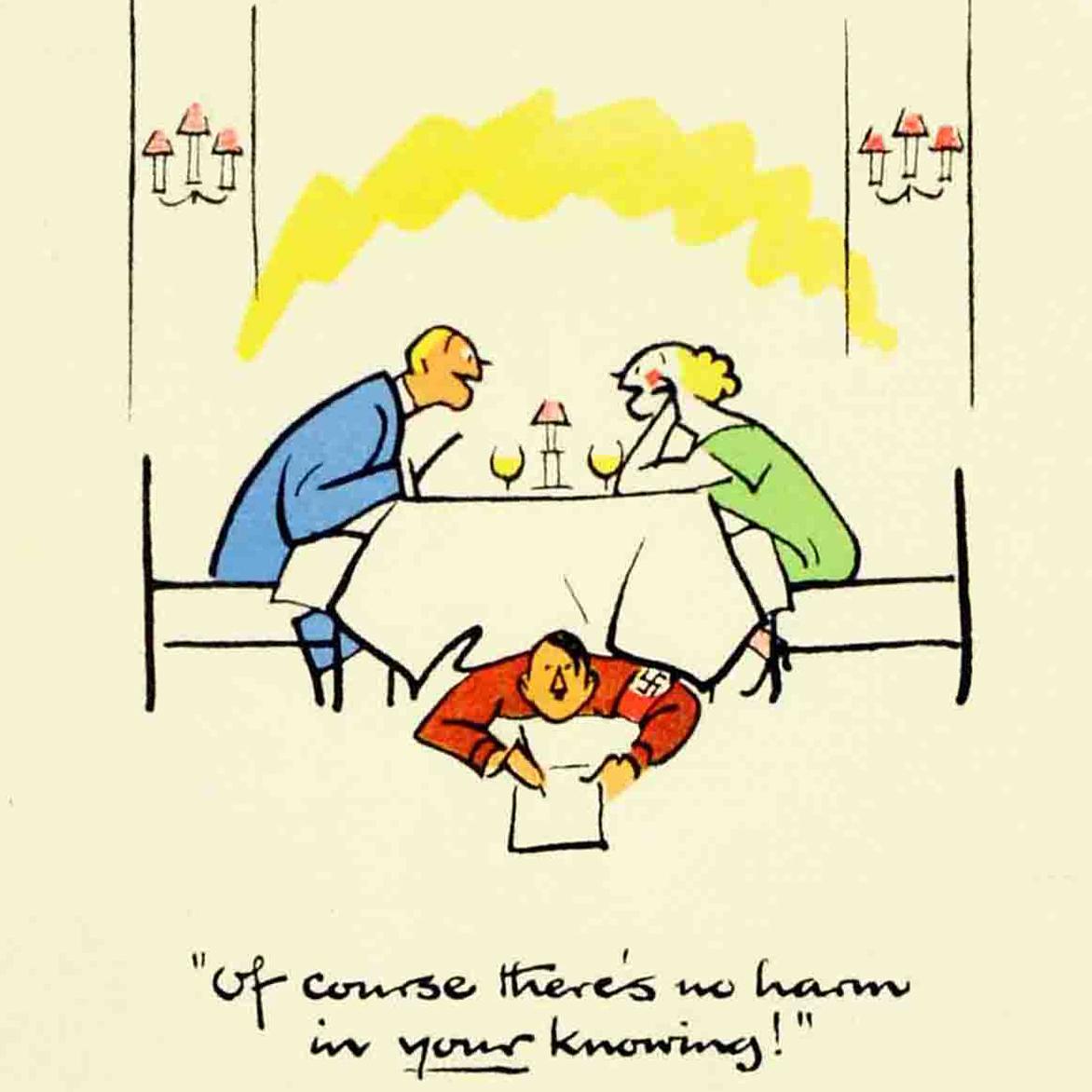 Affiche originale de la Seconde Guerre mondiale réalisée par le célèbre dessinateur et illustrateur britannique Fougasse (Cyril Kenneth Bird ; 1887-1965), issue de la populaire série iconique de propagande de guerre Careless Talk Costs Lives publiée