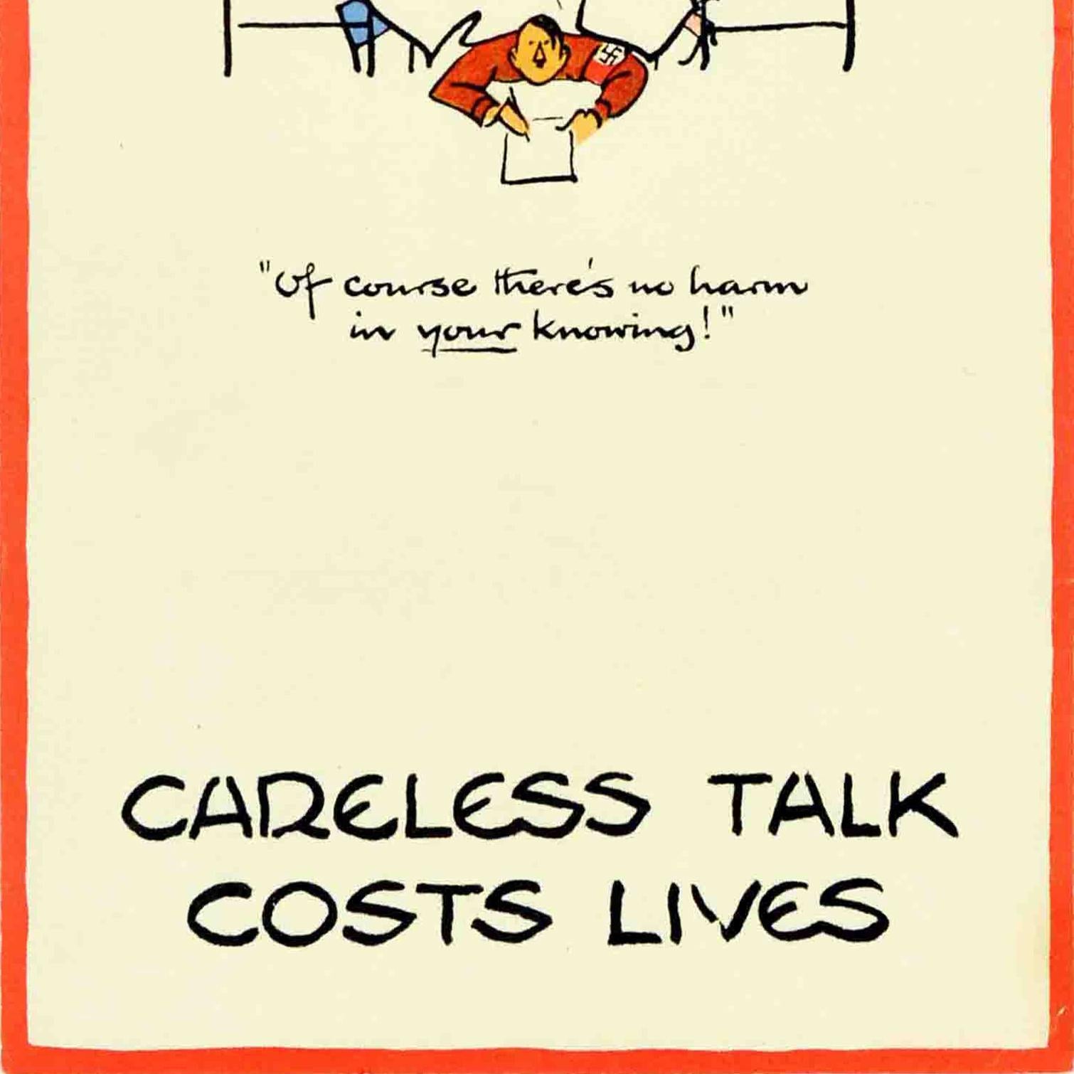 Affiche vintage d'origine de la seconde guerre mondiale « Careless Talk Costs Lives No Harm Hitler Fougasse Bon état - En vente à London, GB