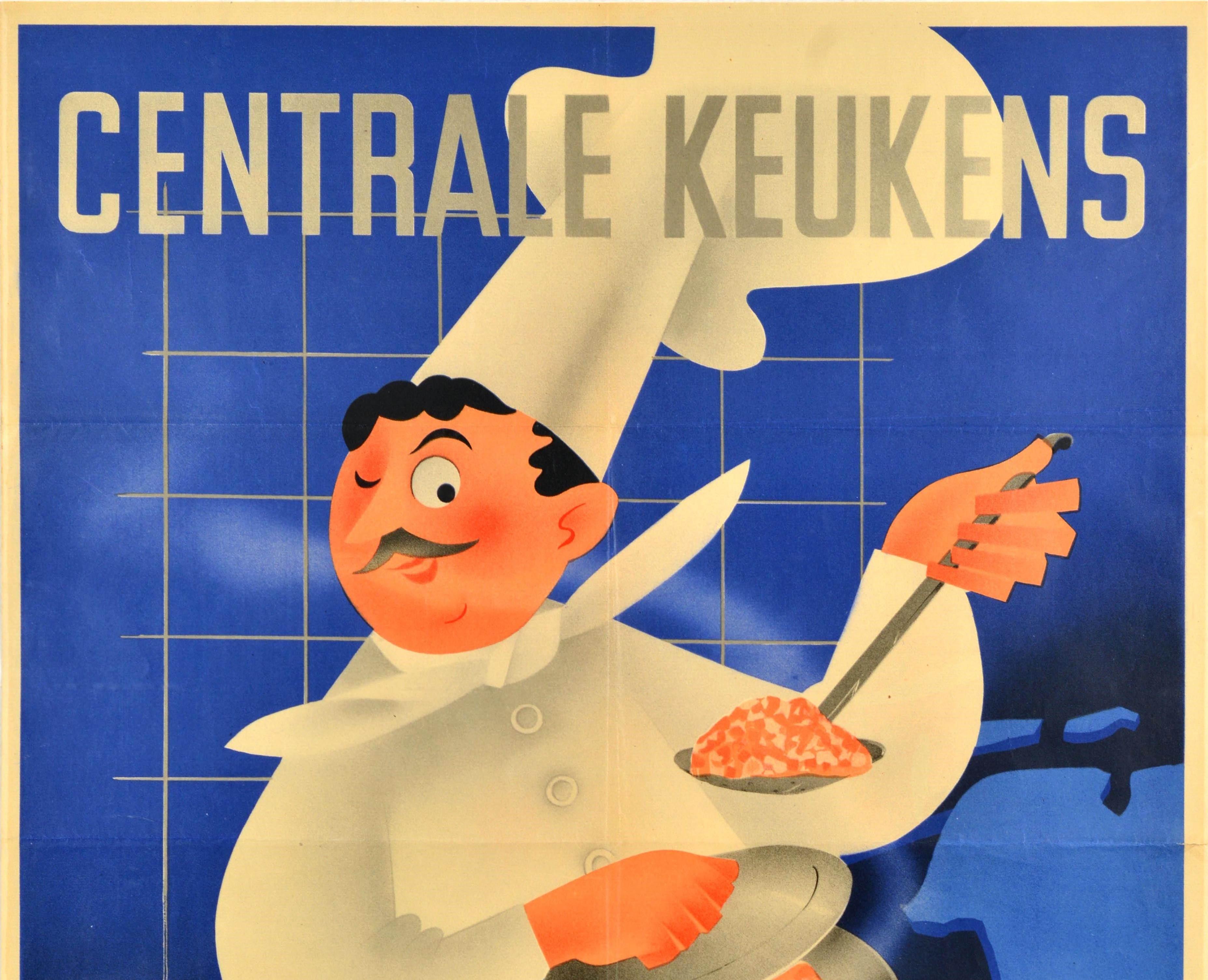 Original vintage World War Two food propaganda poster - Central Kitchens A nutritious meal for little money / Centrale Keukens Voor weinig geld een voedzaam maal - featuring a fun illustration of a smiling chef winking at the viewer and holding a
