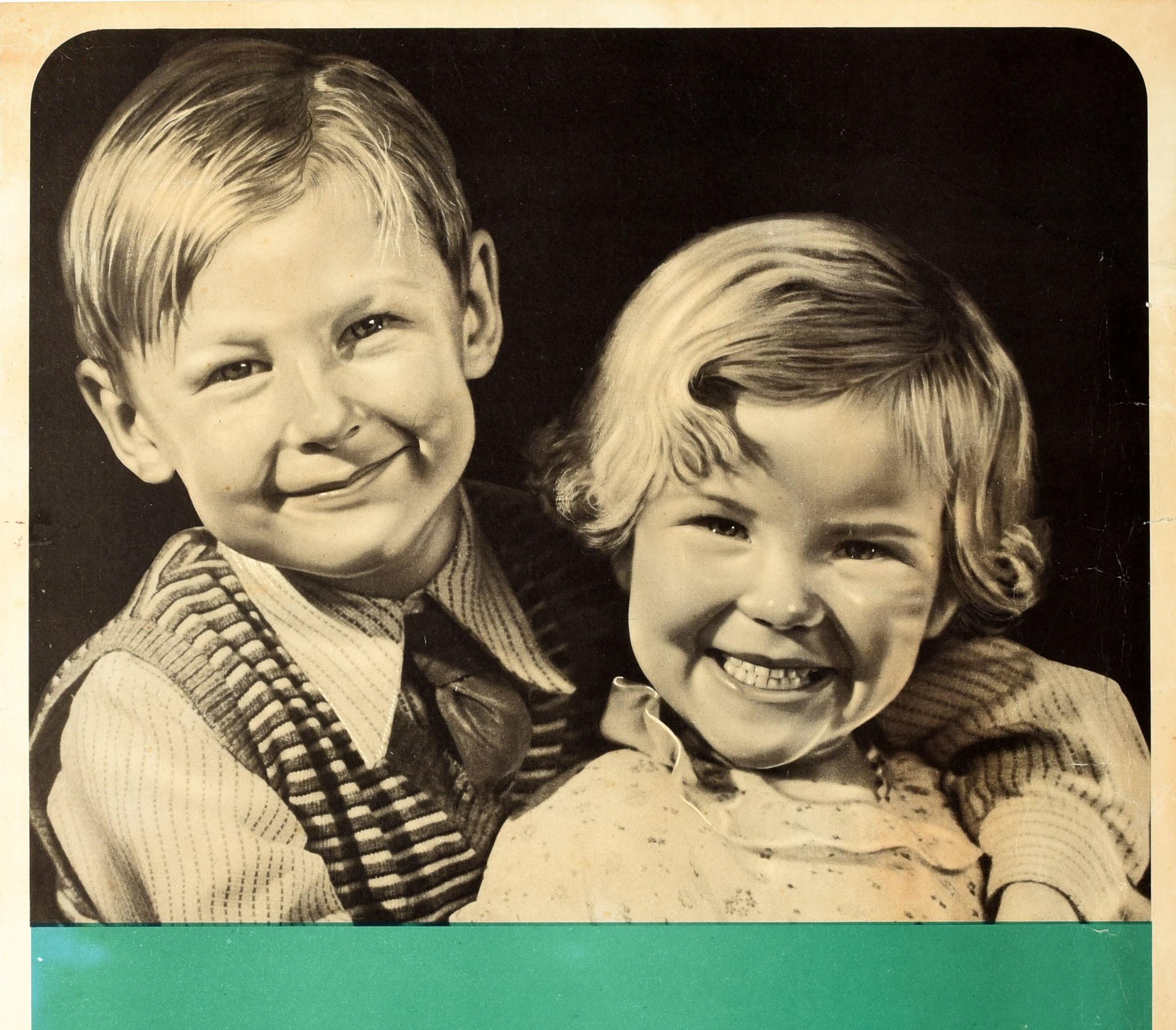 Original vintage World War Two British propaganda poster - Children are safer in the country ... leave them there - featuring a black and white image of two young and healthy smiling children, the boy with his arm around a girl showing the older