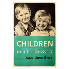 Original Vintage WWII Poster Children Are Safer In The Country War Evacuation
