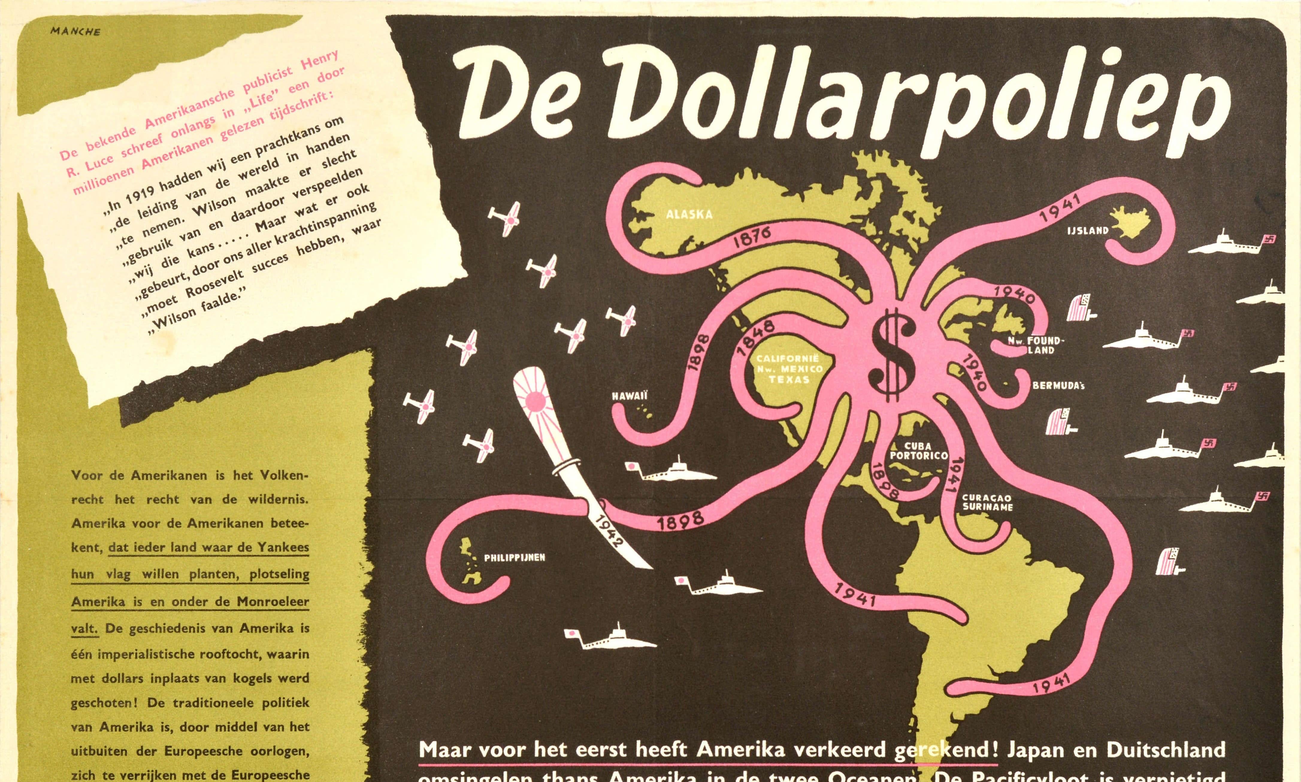 Affiche originale de propagande politique anti-impérialisme américain de la Seconde Guerre mondiale - De Dollarpoliep / The Dollar Polyp ou The Dollar Octopus - représentant le symbole du dollar américain avec des tentacules ressemblant à des