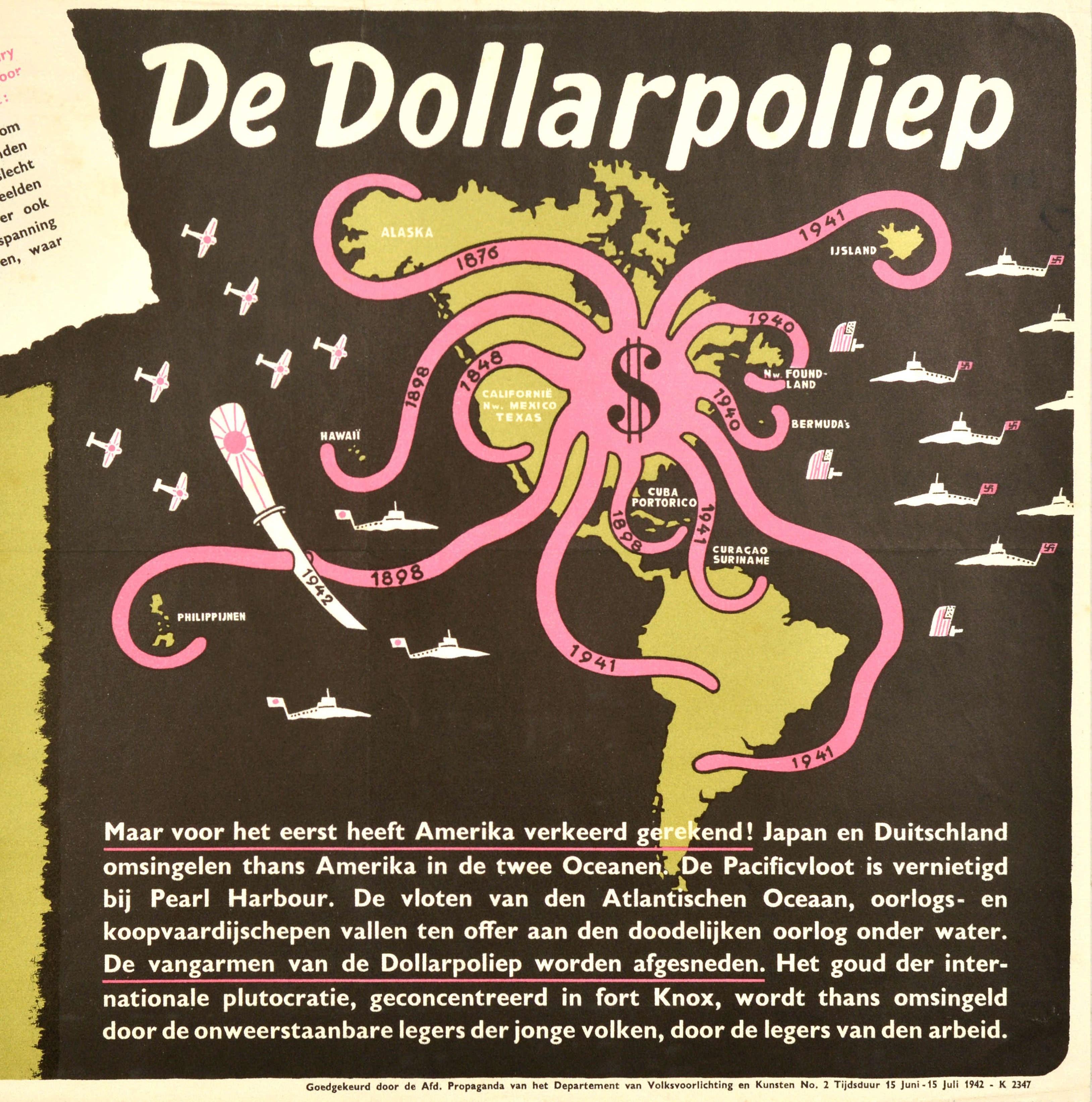 Dutch Original Vintage WWII Poster De Dollarpoliep The US Dollar Polyp Octopus War Map For Sale