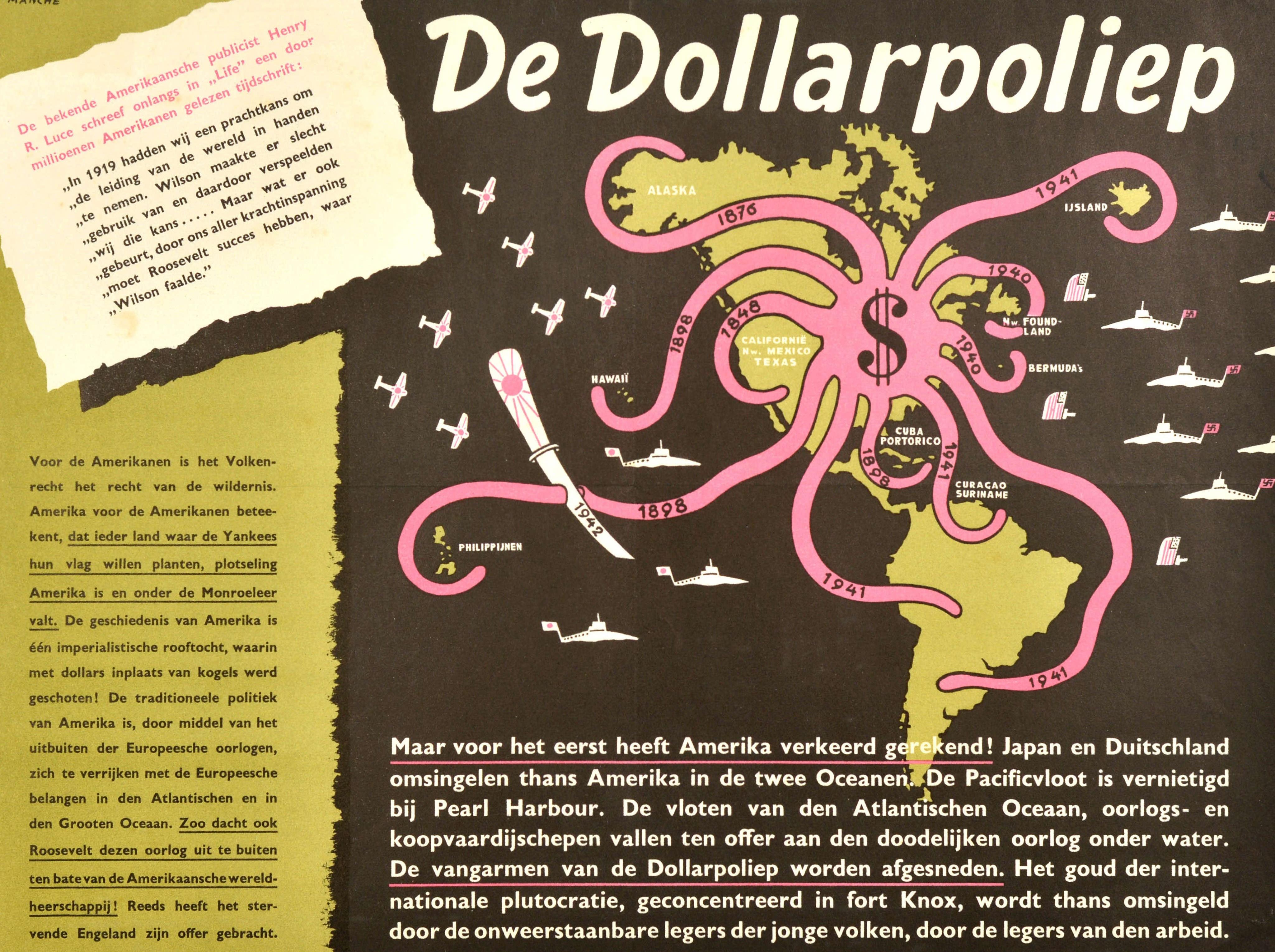 Original Vintage WWII Poster De Dollarpoliep The US Dollar Polyp Octopus War Map In Good Condition For Sale In London, GB