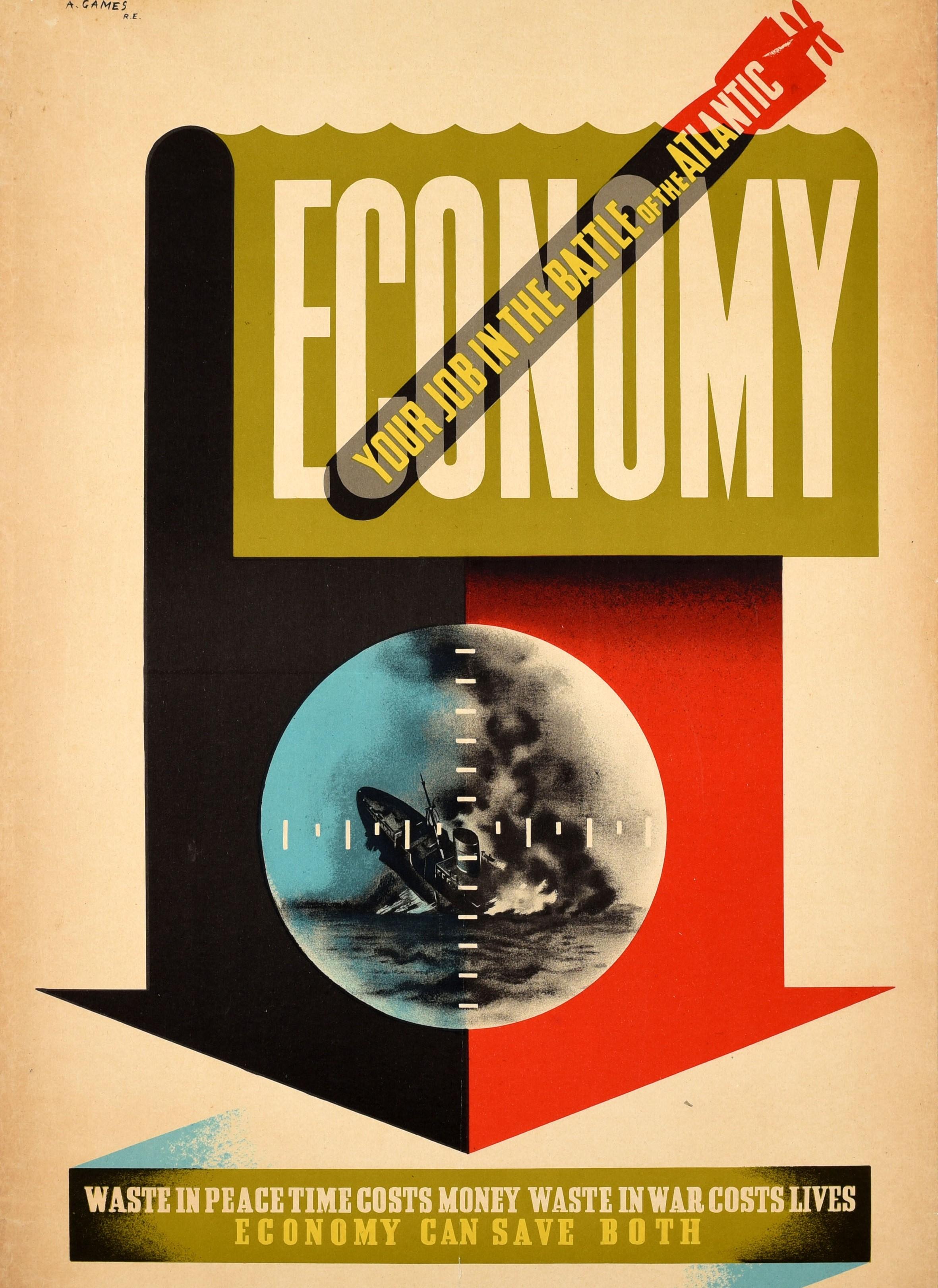 Original-Vintage-Poster, economy Save Waste, Friedenskriegsschlacht im Atlantik, WWII im Zustand „Gut“ im Angebot in London, GB