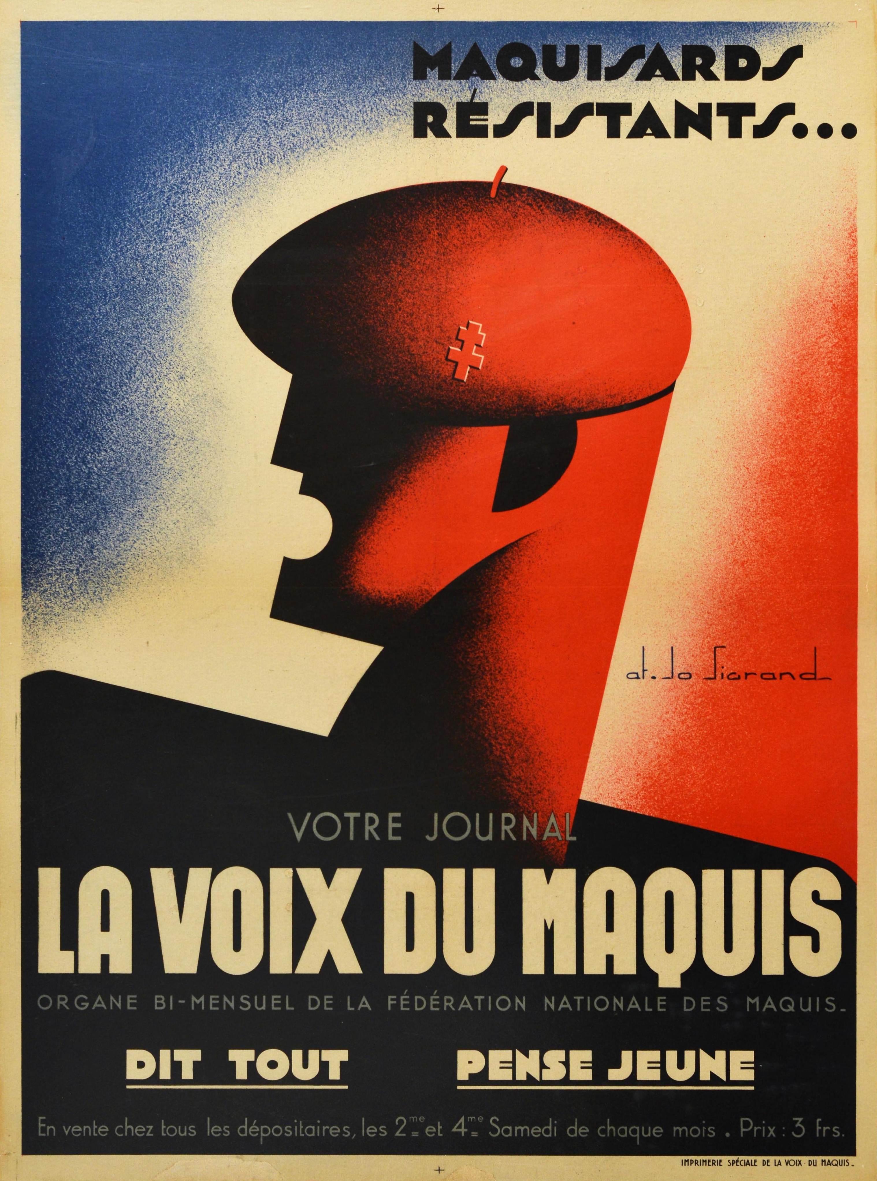 Original vintage World War Two poster advertising La Voix Du Maquis / The Voice of Maquis bi-monthly magazine issued by the National Federation of Maquis featuring a bold Art Deco style illustration of a soldier wearing a beret hat with a logo on it