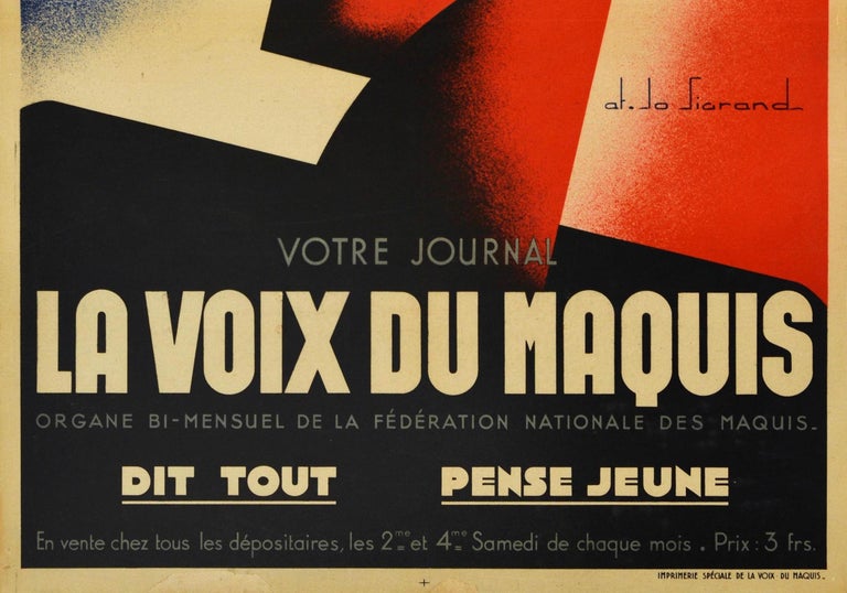 Original Vintage WWII Poster French Resistance Voix Du Maquis Fighters Magazine In Good Condition For Sale In London, GB