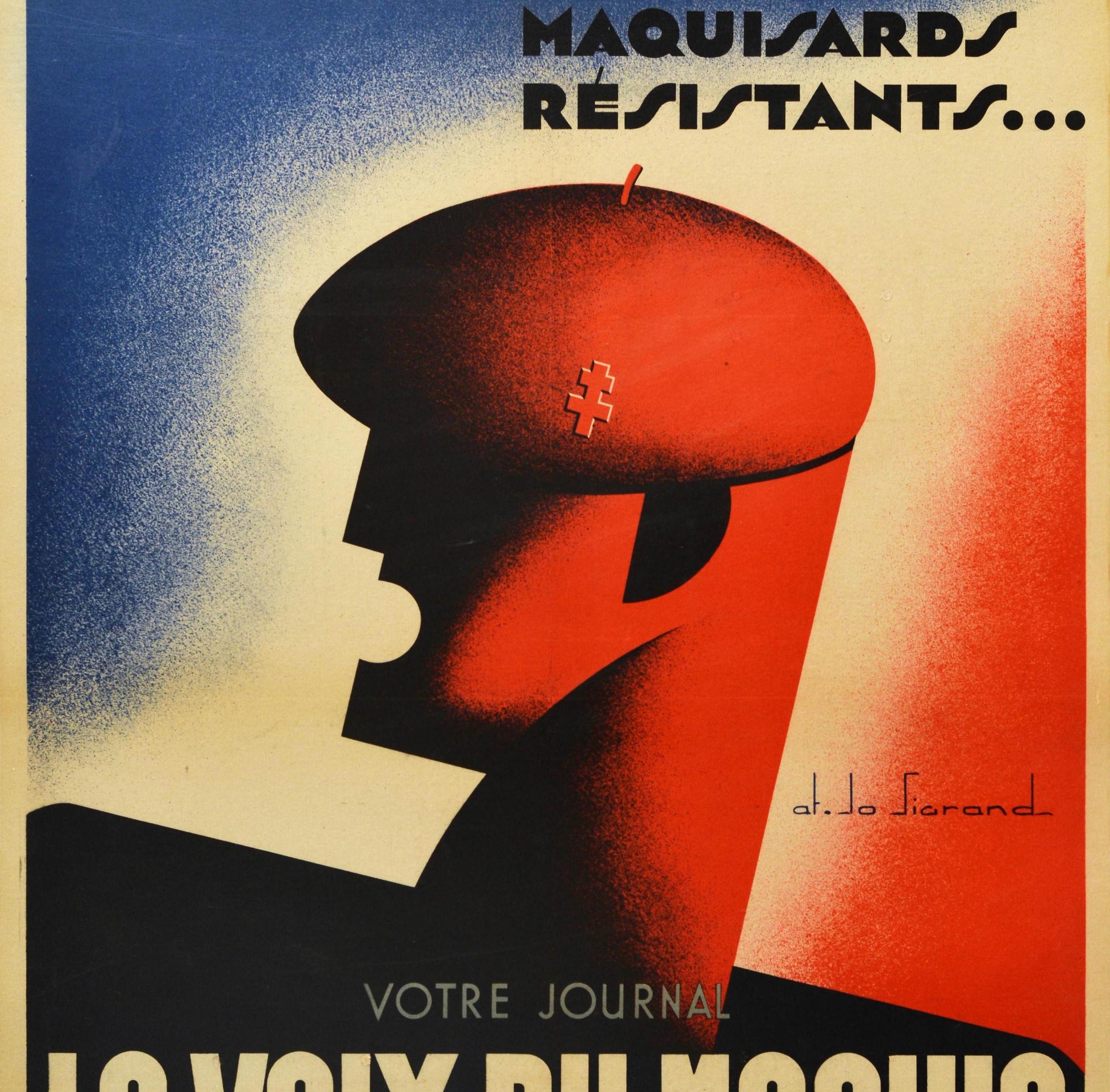 Affiche rétro originale de la Seconde Guerre mondiale, Voix Du Maquis Fighters Magazine, Résistance française Bon état - En vente à London, GB