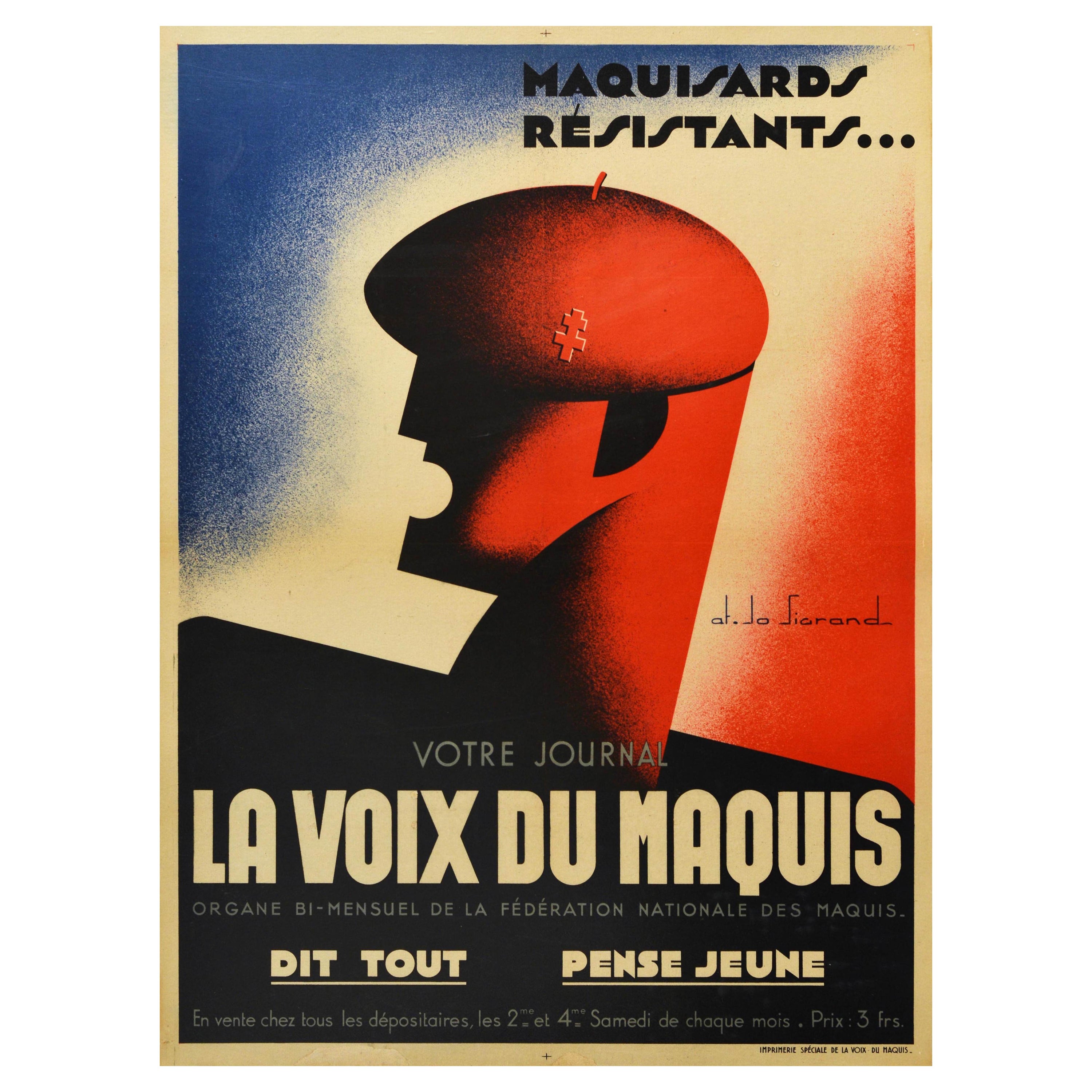 Poster originale della seconda guerra mondiale Resistenza francese Voix Du Maquis Rivista dei combattenti