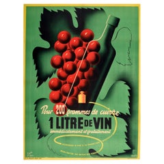 Poster originale d'epoca della seconda guerra mondiale Vino francese gratis Litre De Vin Rame Riciclaggio Guerra