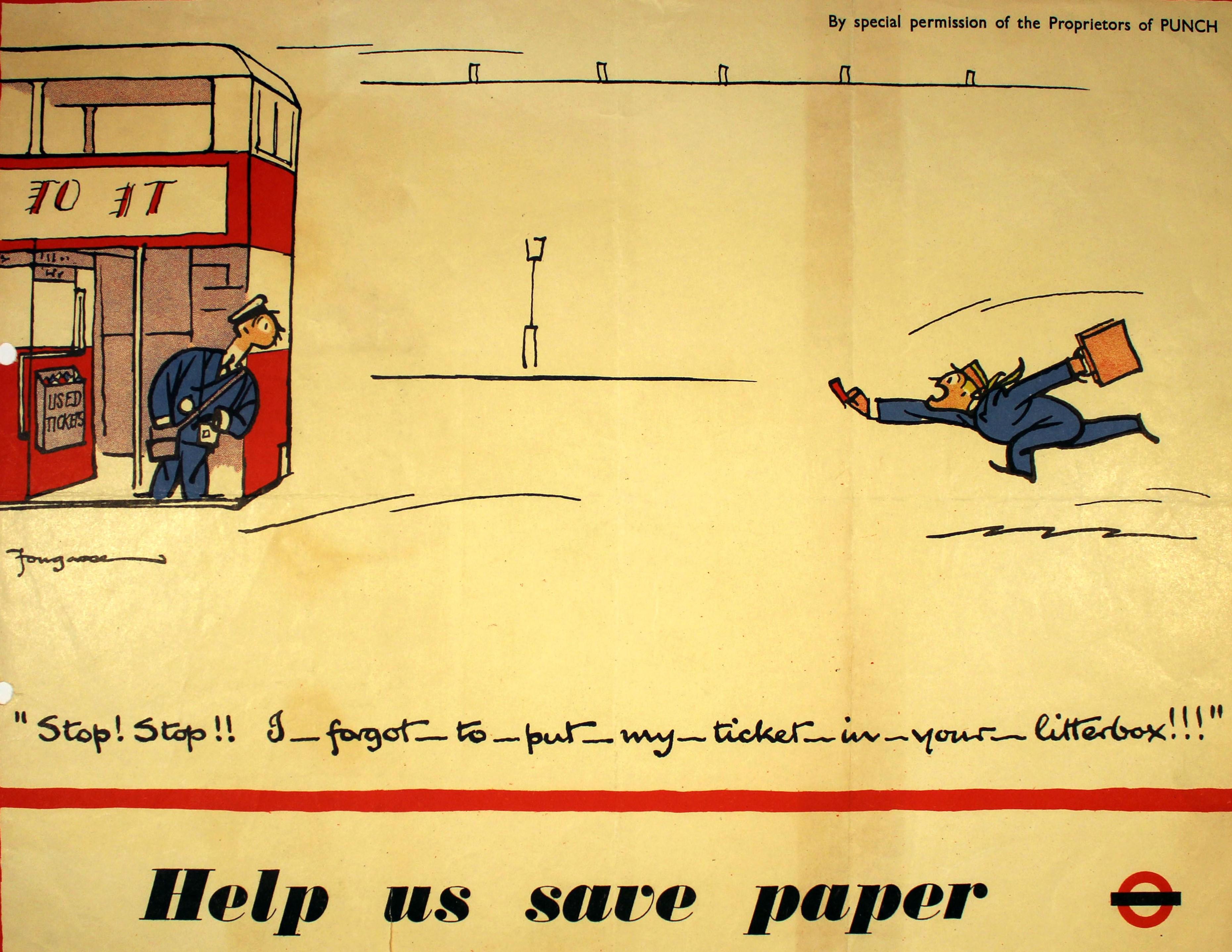 British Original Vintage WWII Poster Help Save Paper Recycling Fougasse London Bus Punch