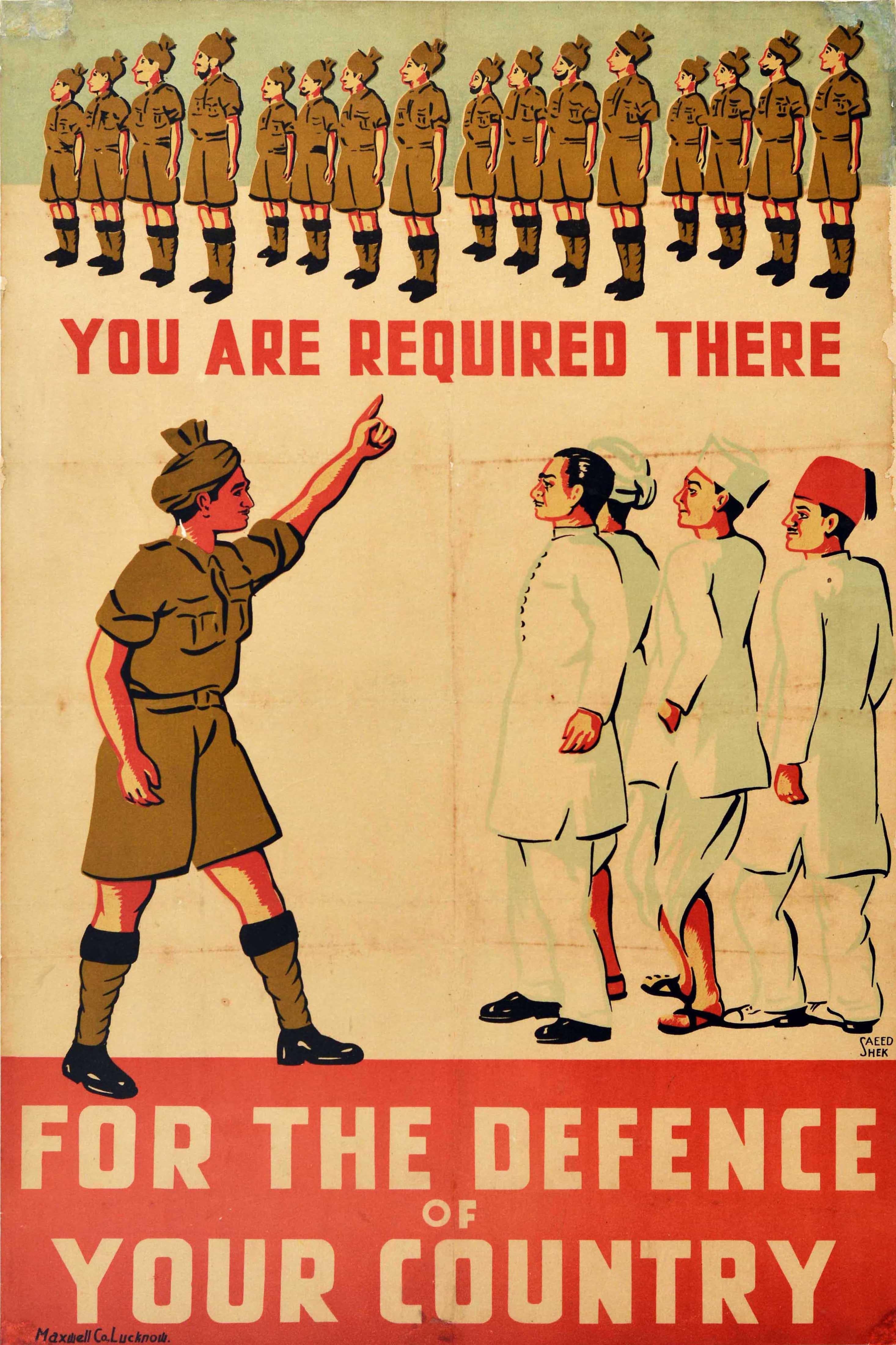 Rare original vintage Indian army recruitment propaganda poster featuring a military leader pointing to a group of men dressed in white civilian clothes towards lines of soldiers who are standing to attention in army uniform with the red and white