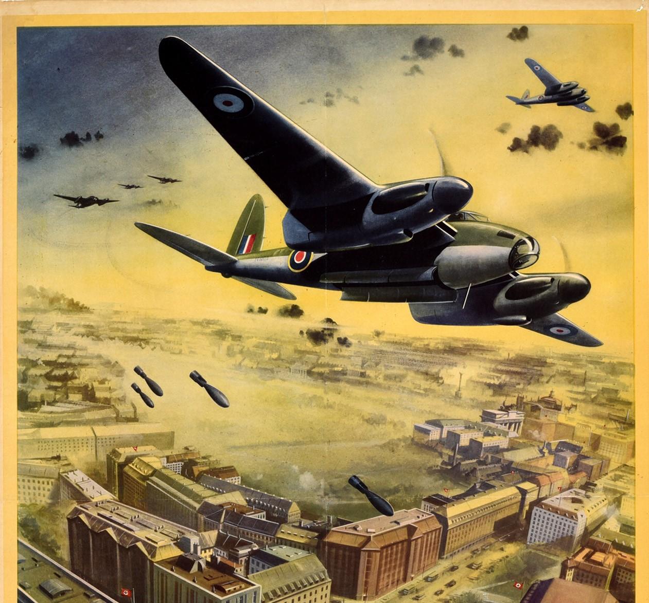 Original vintage World War Two propaganda poster - Into Action - featuring a great design entitled R.A.F. day raiders over Berlin’s official quarter with a dynamic image of British de Havilland Mosquito planes dropping bombs over the busy streets of
