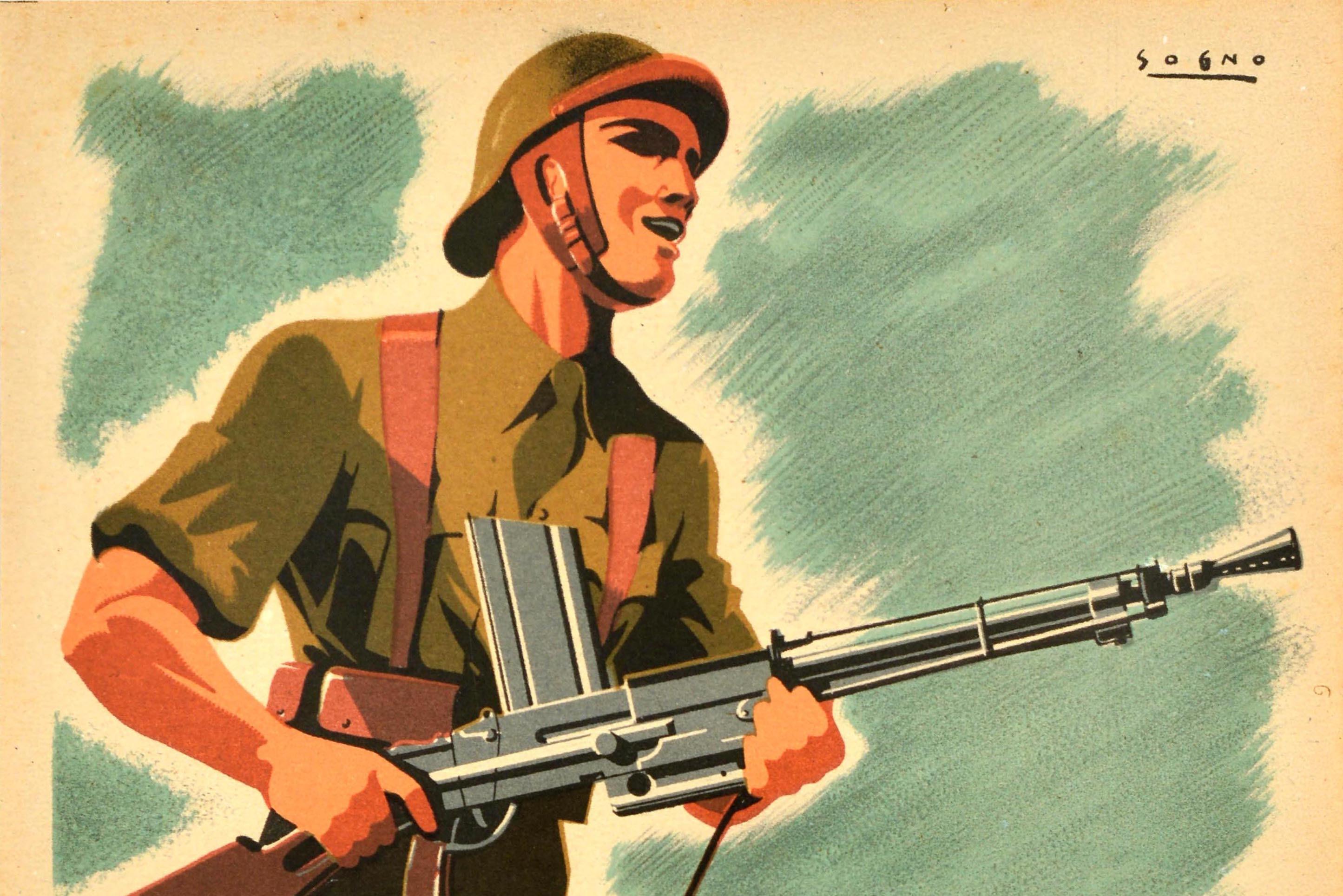 Original vintage World War Two French military recruitment poster - Join The New Army Infantry / Engagez-vous Rengagez-vous dans l'Infanterie de l'Armee Nouvelle - featuring an illustration of a soldier in uniform running with a gun against the blue