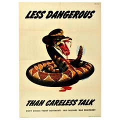 Original Vintage WWII Poster Less Dangerous Than Careless Talk War Snake Design