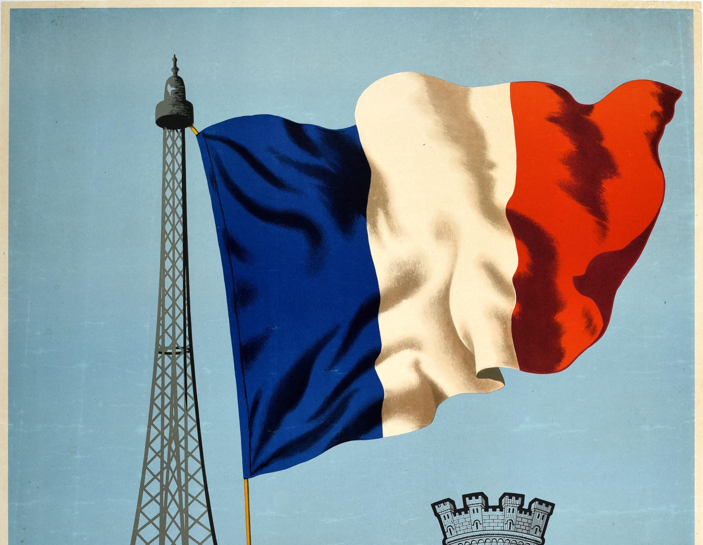 Original vintage World War Two French liberation poster featuring a large blue, white and red flag flying on the side of the Eiffel Tower with the Blason de Paris / coat of arms of Paris on the side showing a sailing ship below a royal fleur-de-lis