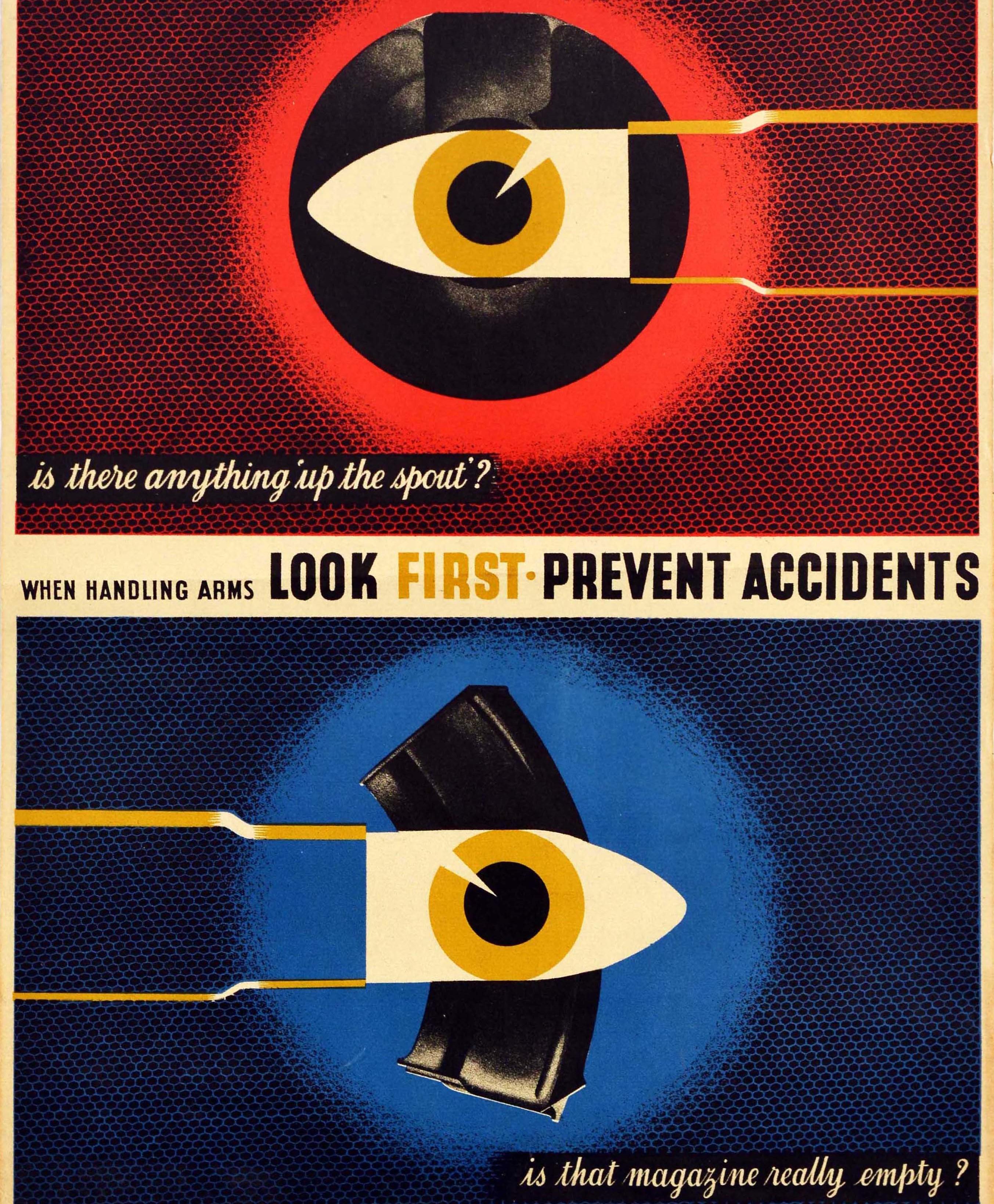 Affiche rétro originale de la Seconde Guerre mondiale, Look First Prevent Accidents, Dessin graphique de balles Bon état - En vente à London, GB