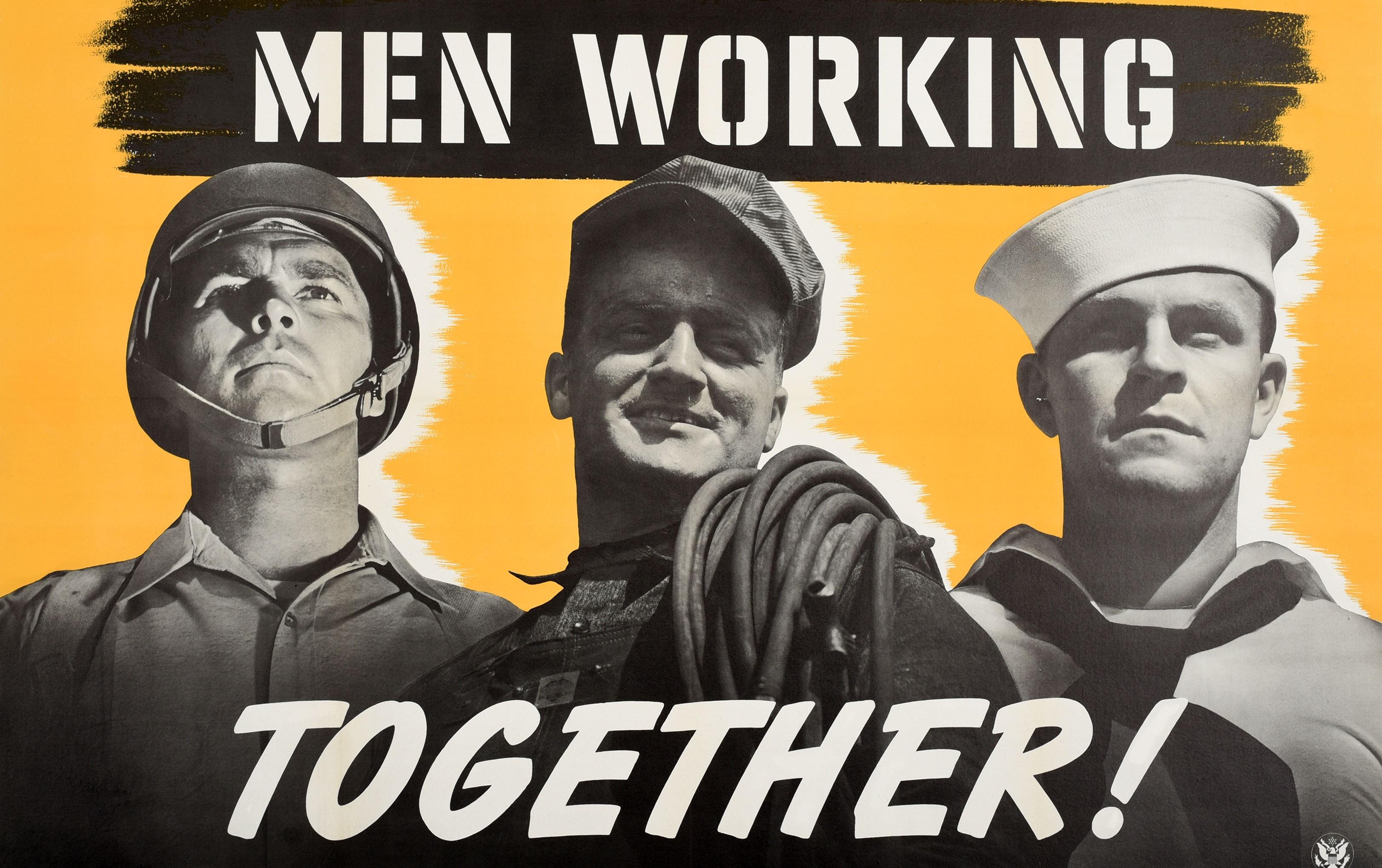 Original Vintage WWII Poster Men Working Together US Military Home Front Workers Estadounidense en venta
