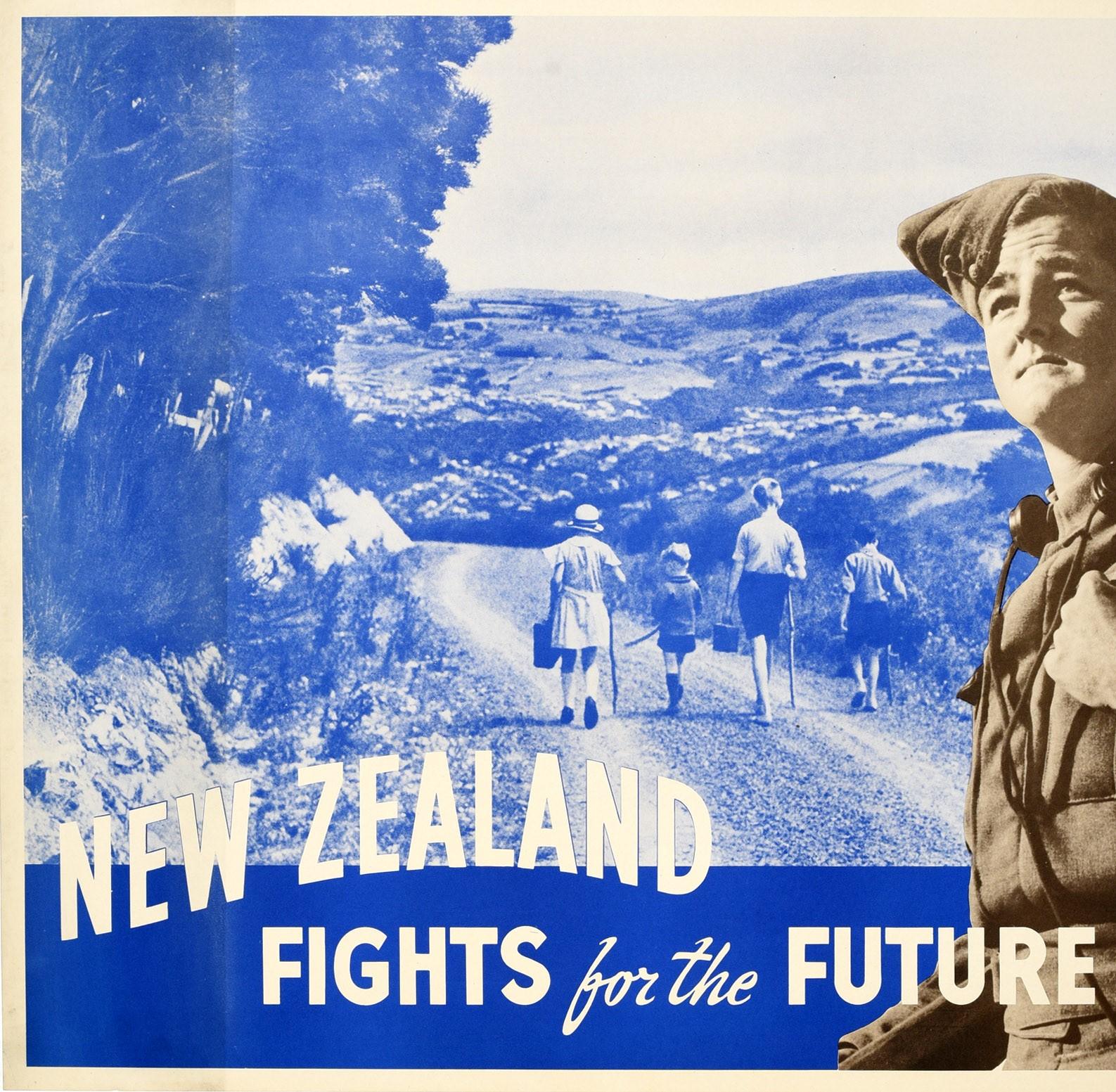 Original vintage World War Two propaganda poster - New Zealand Fights for the Future - featuring a peaceful image in shades of blue of children walking along a country road with trees on the side and fields and hills in the distance, a photo of a