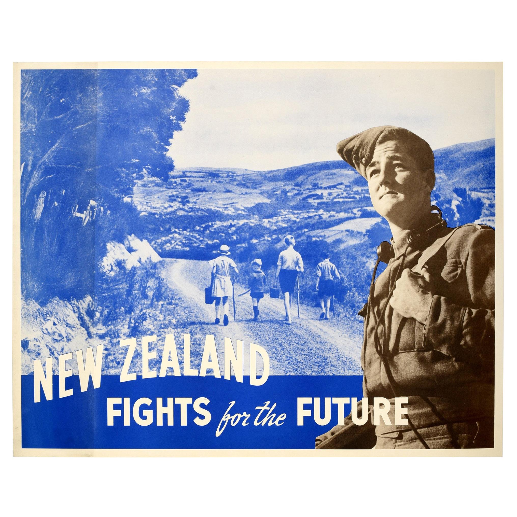 Original Vintage WWII Poster New Zealand Fights for the Future Soldier Children For Sale
