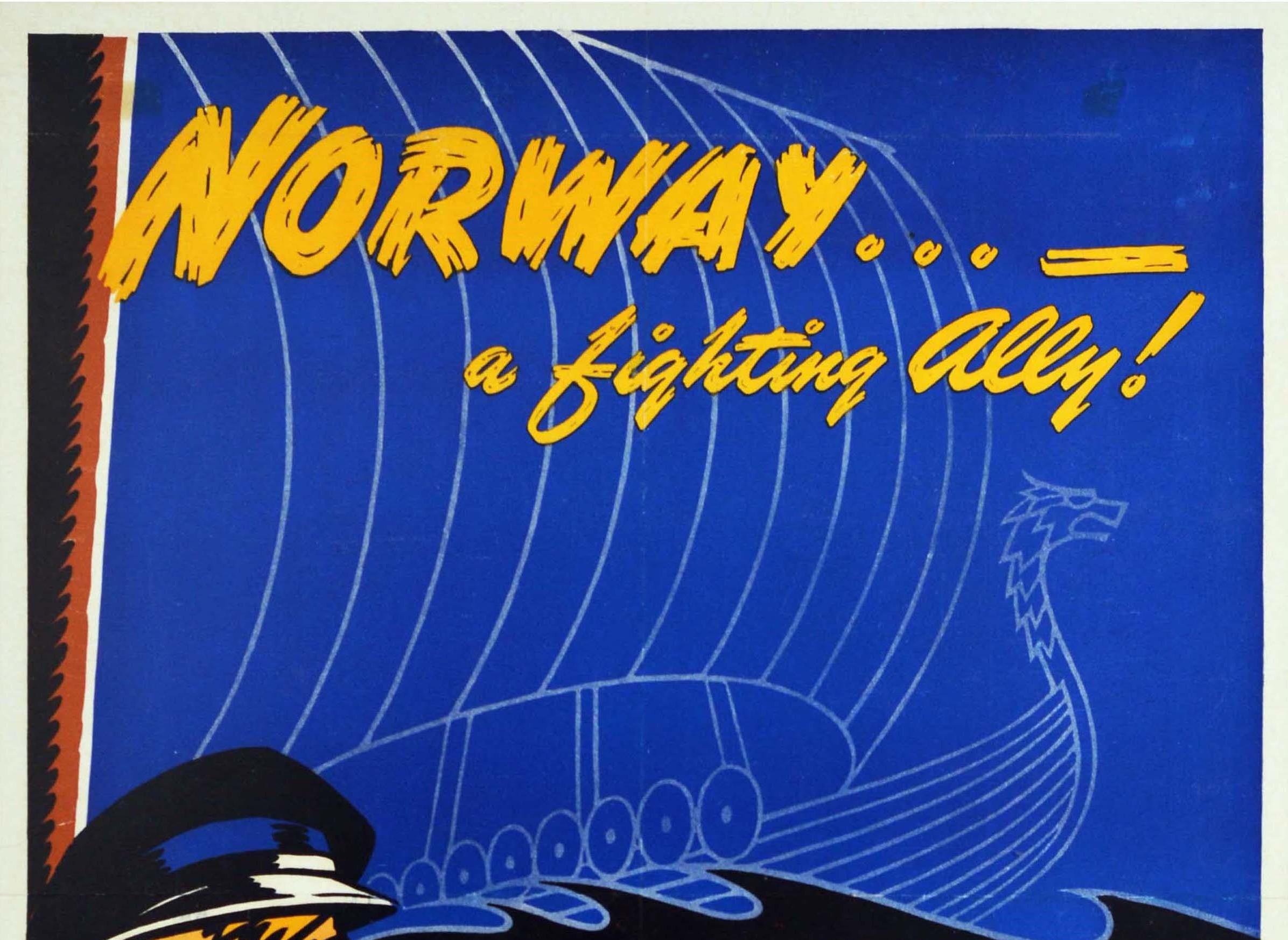 Original vintage World War Two poster for Norway... - A Fighting Ally! featuring a colourful design depicting a sailor looking out to sea with a traditional Viking boat image over a stylised line of military war ships on blue and white waves and