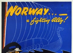 Original Vintage WWII Poster Norway A Fighting Ally Viking Boat War Ships Planes