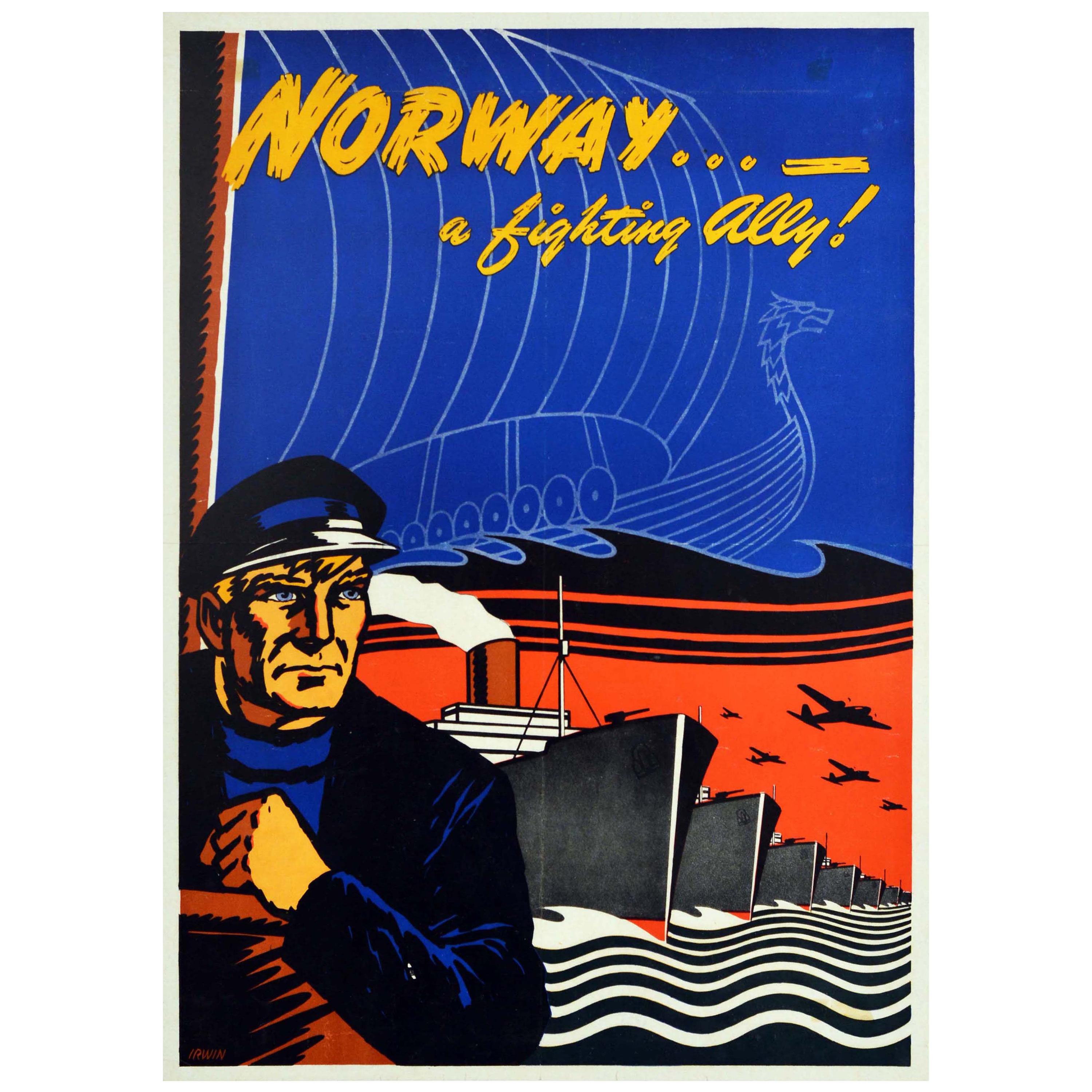 Original Vintage WWII Poster Norway A Fighting Ally Viking Boat War Ships Planes For Sale