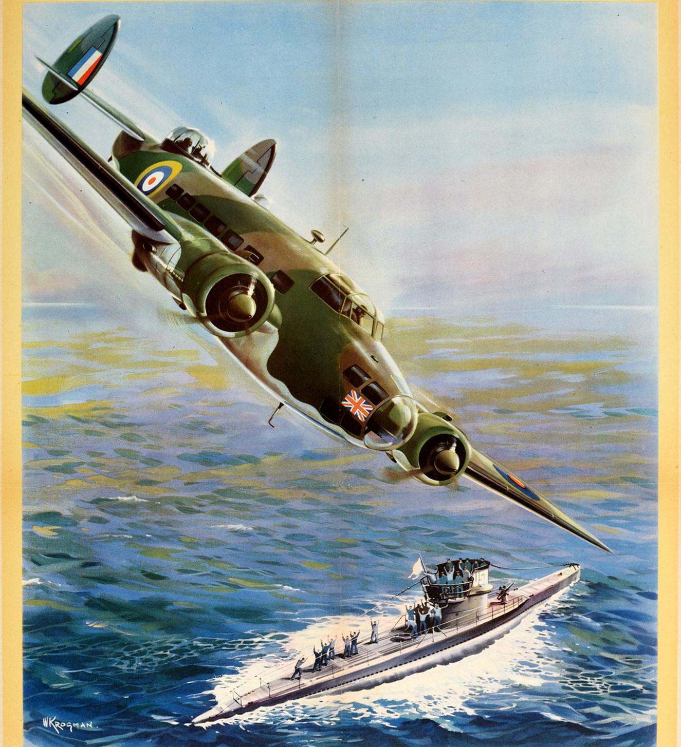 Affiche rétro originale de la Seconde Guerre mondiale, RAF Coastal Command, Lockheed Hudson Submarine Uboat Bon état - En vente à London, GB