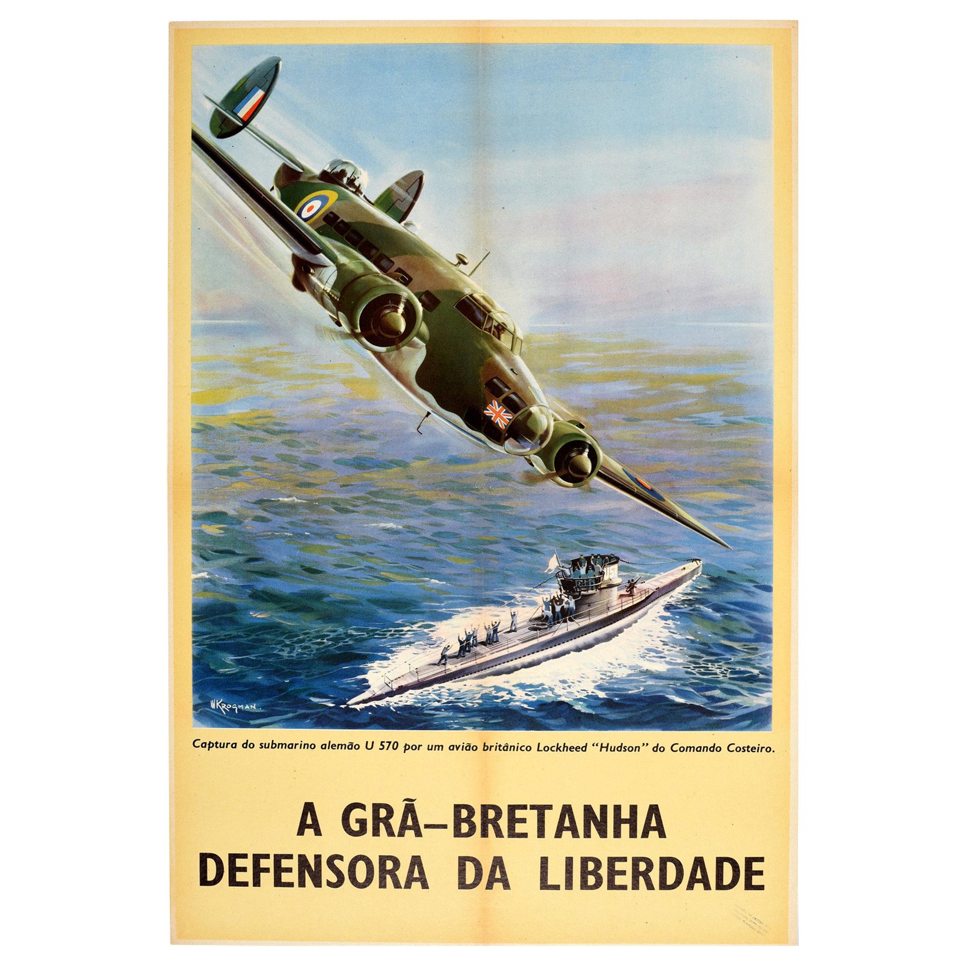 Vintage WWII Poster RAF Coastal Command Lockheed Hudson Submarine Uboat, Vintage