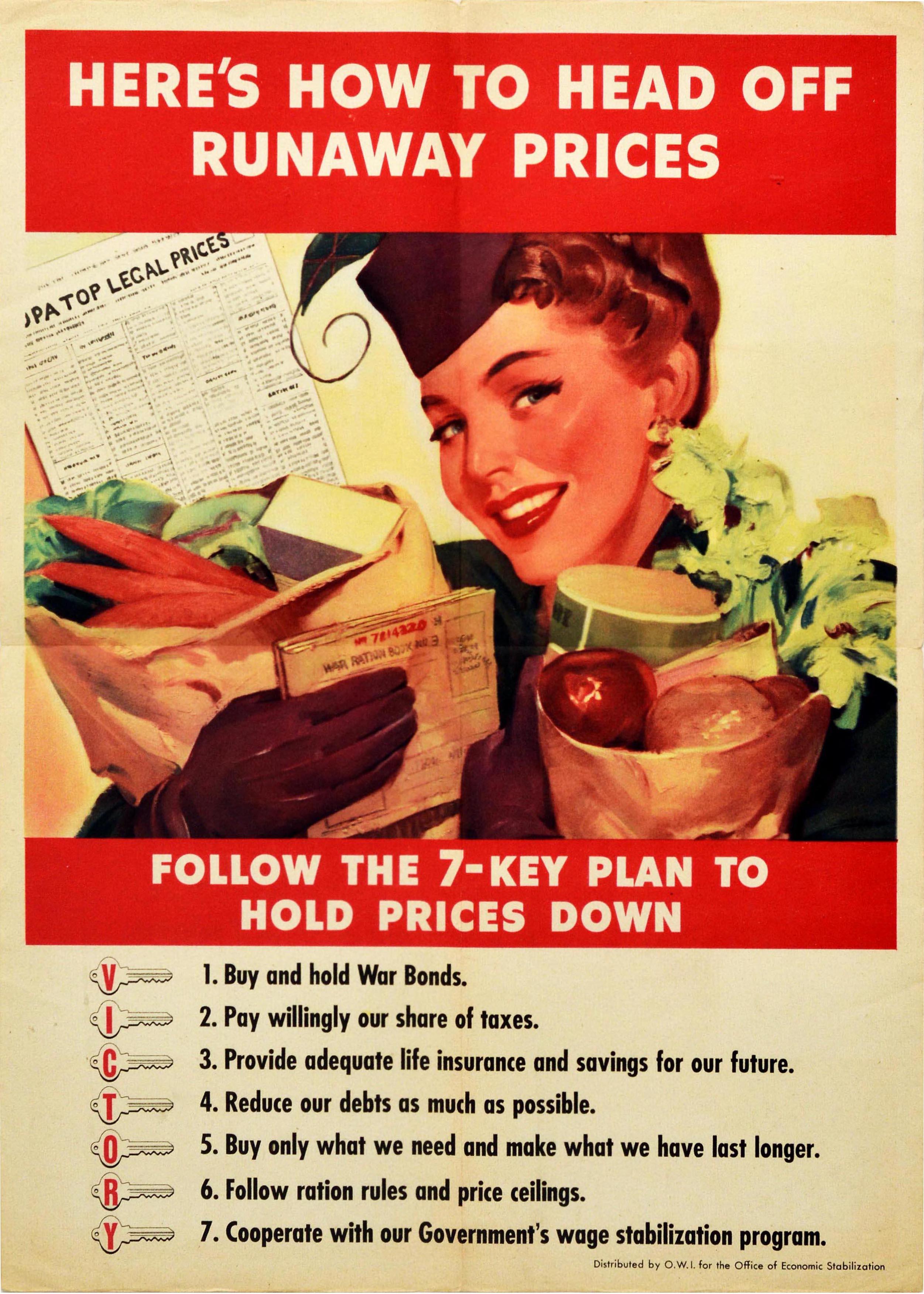 Original vintage World War Two propaganda poster distributed by the Office of War Information for the Office of Economic Stabilization to encourage citizens on the home front to cooperate with the US government plan for the economy - Here’s How to