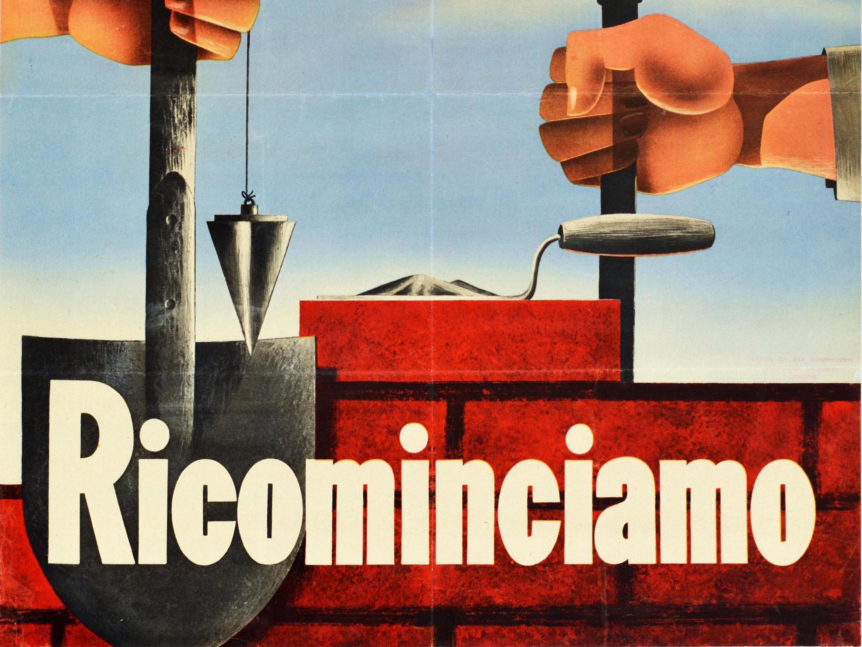 Original Vintage WWII Poster Ricominciamo Rebuild Italy Labour Mechanic Farmer In Fair Condition For Sale In London, GB