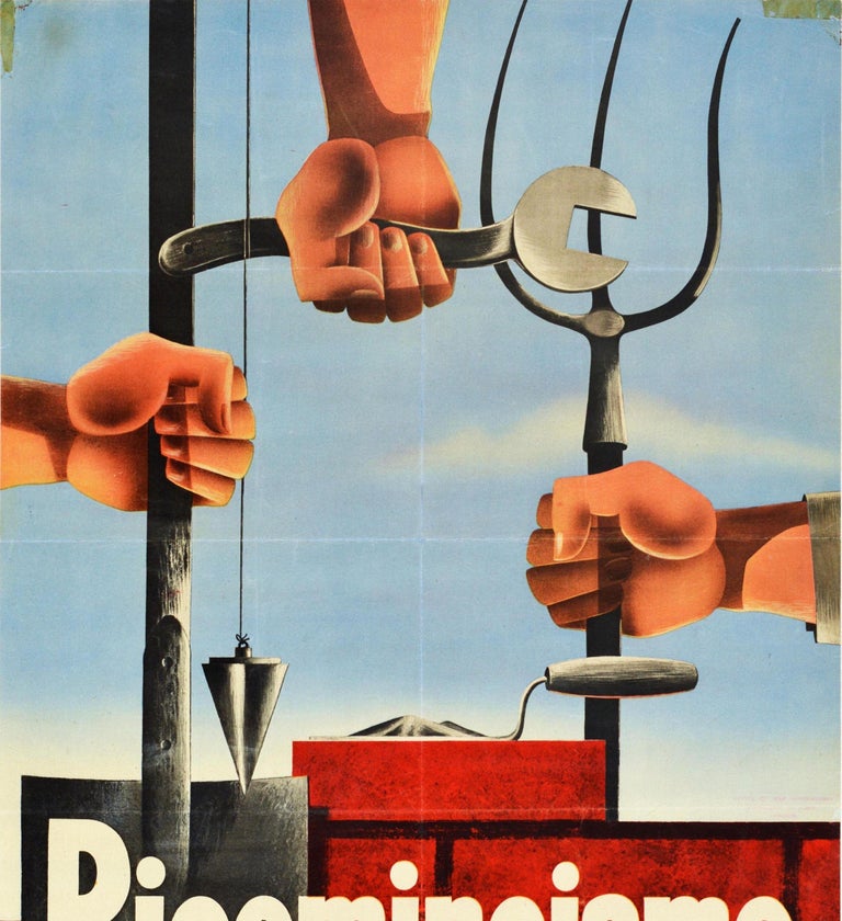 Mid-20th Century Original Vintage WWII Poster Ricominciamo Rebuild Italy Labour Mechanic Farmer For Sale