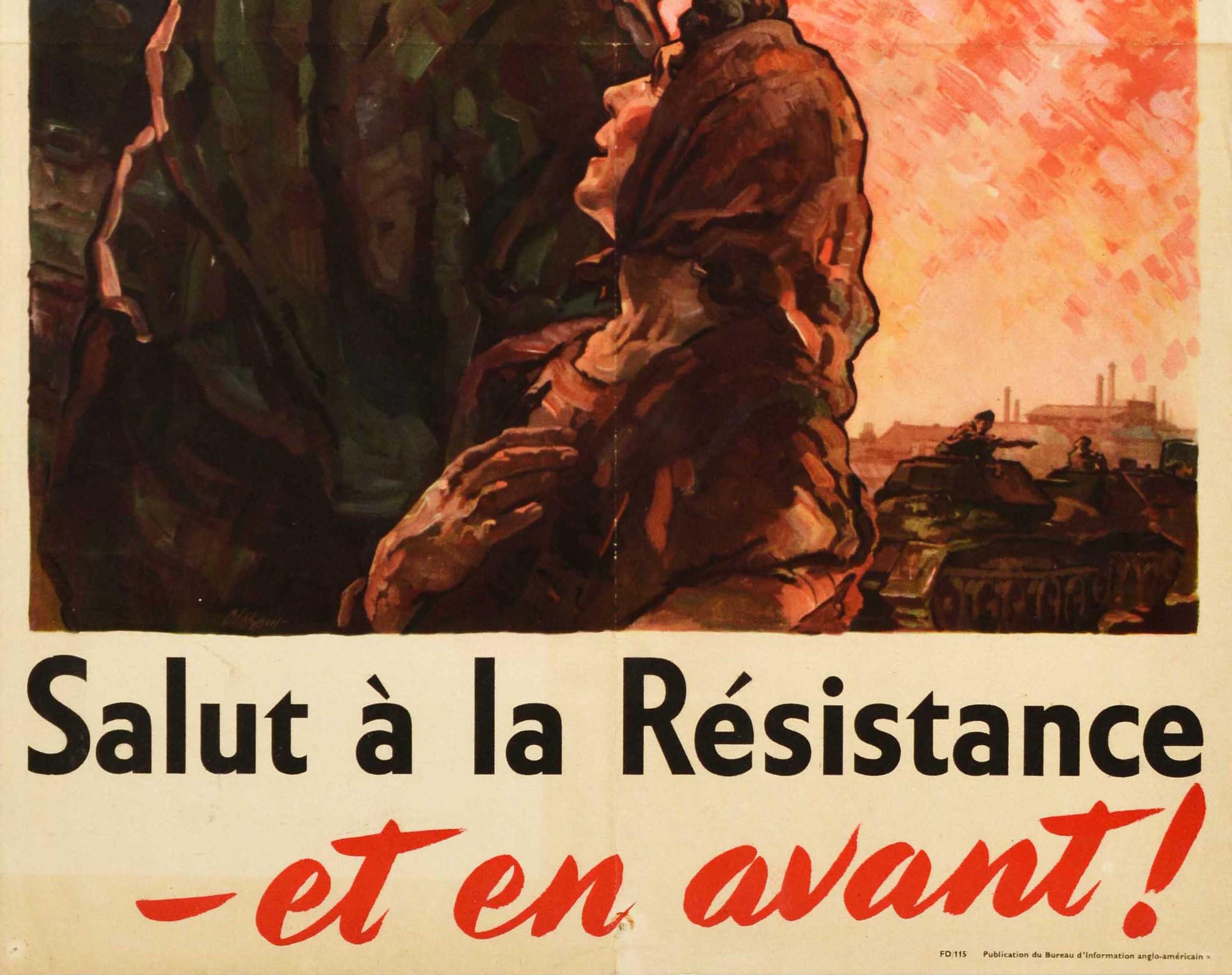 French Original Vintage WWII Poster Salut A La Resistance Et En Avant! Forward Fighters For Sale
