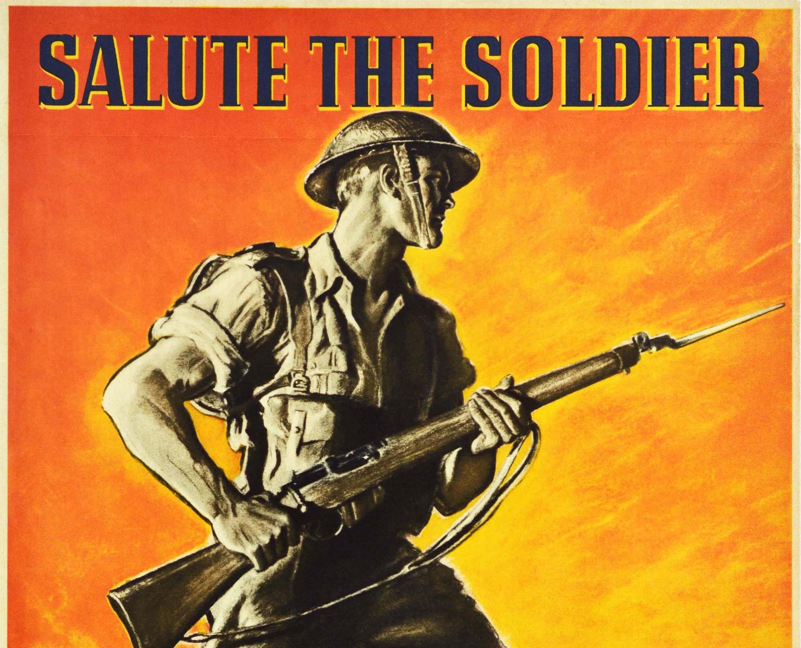 Original vintage World War Two poster - Salute The Soldier The Liberator Save More Lend More - depicting an army soldier in military uniform armed with a gun and stepping forward into battle against a dramatic orange and yellow shaded background,