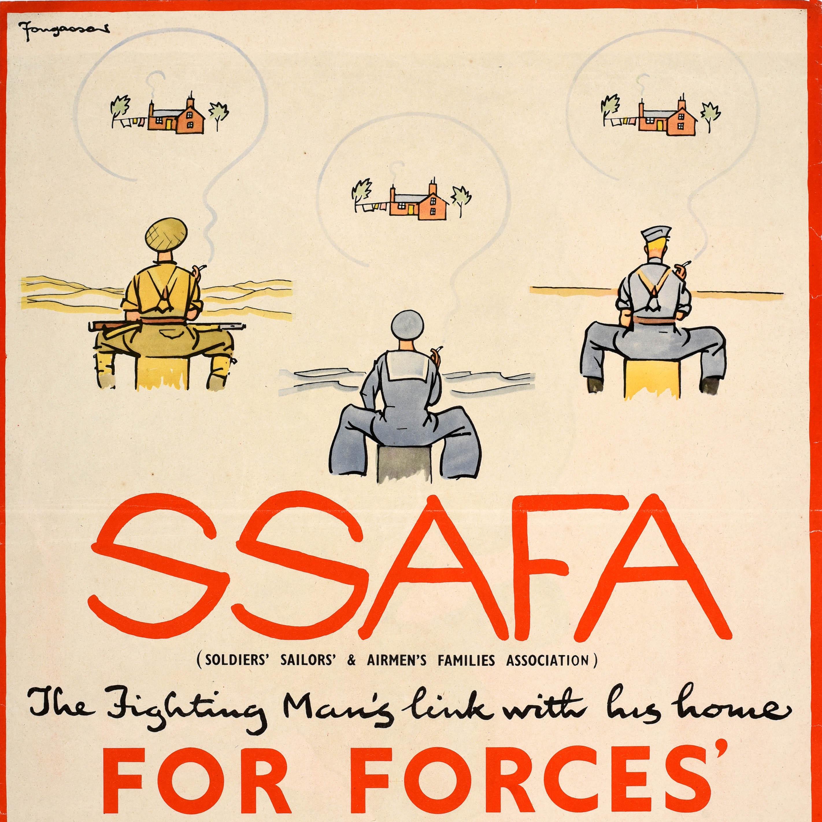 Original vintage World War Two poster - SSAFA Soldiers' Sailors' & Airmen's Families Association - The Fighting Man's link with his home. For Forces' Families Flag Day, September 3rd - featuring an illustration of a soldier, sailor and airman