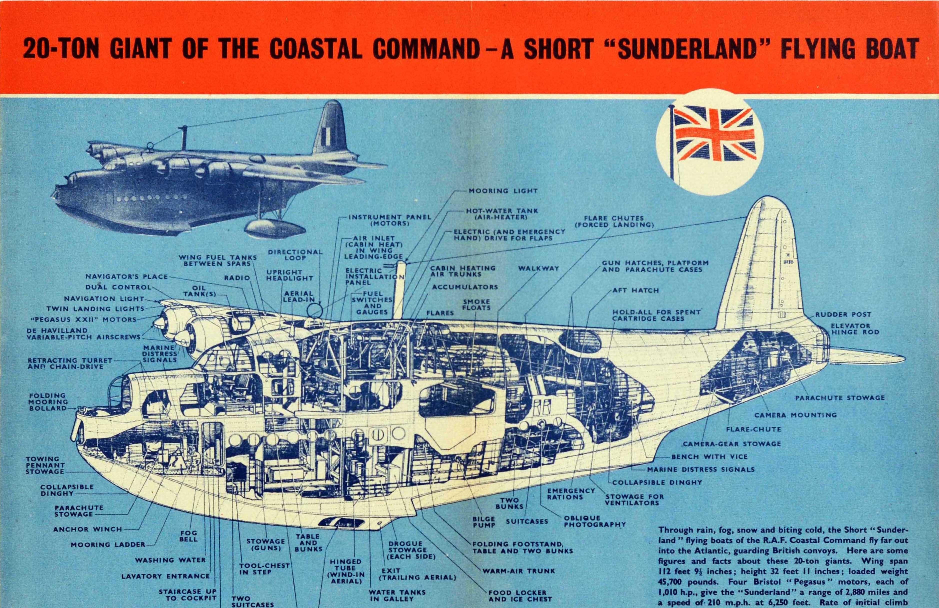 Affiche rétro originale de la Seconde Guerre mondiale, Sunderland Flying Boat, RAF Coastal Command Aircraft Bon état - En vente à London, GB