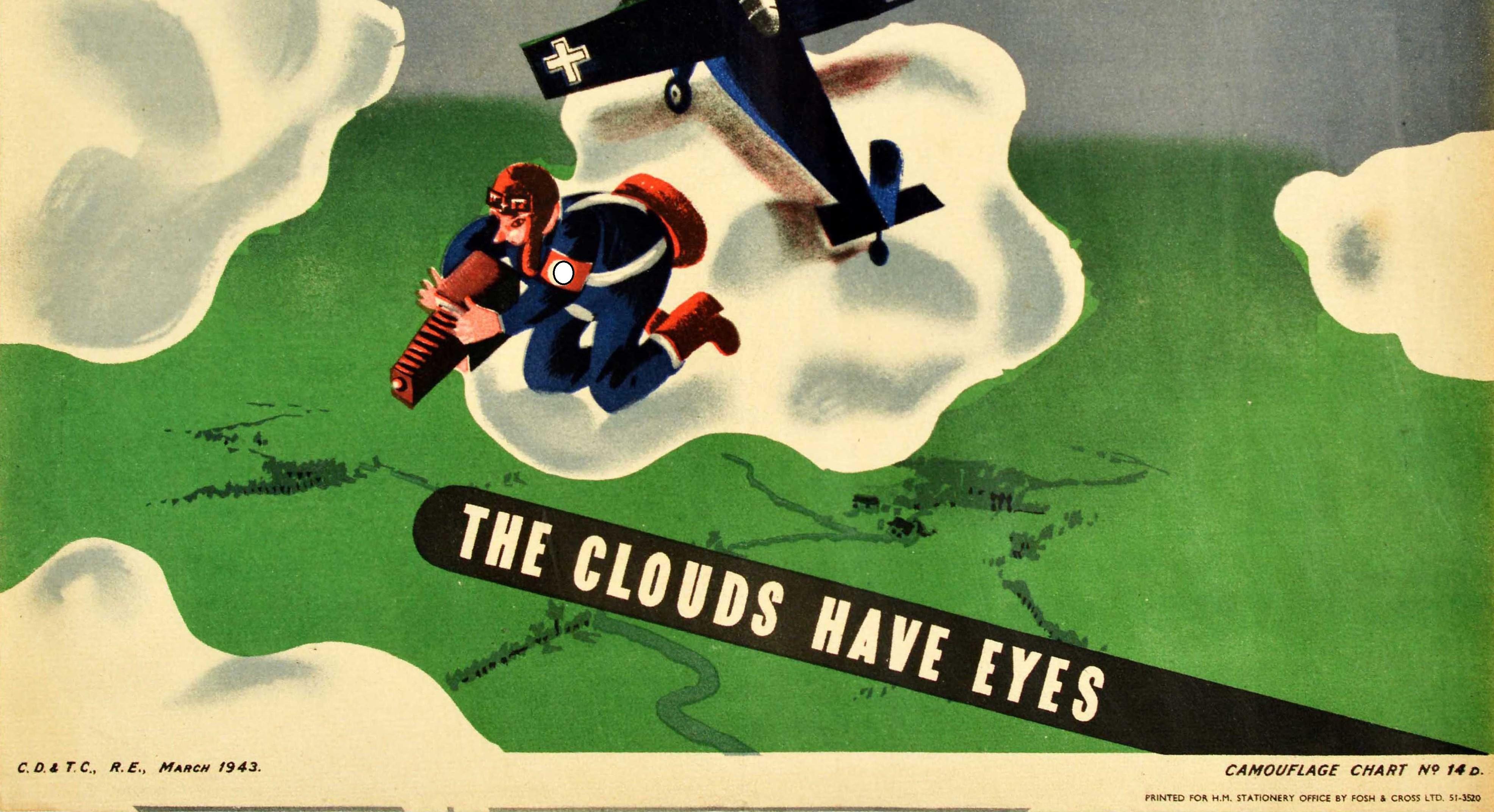 Britannique Original Vintage WWII Poster The Clouds Have Eyes War Spy Pilot Camouflage Plane en vente