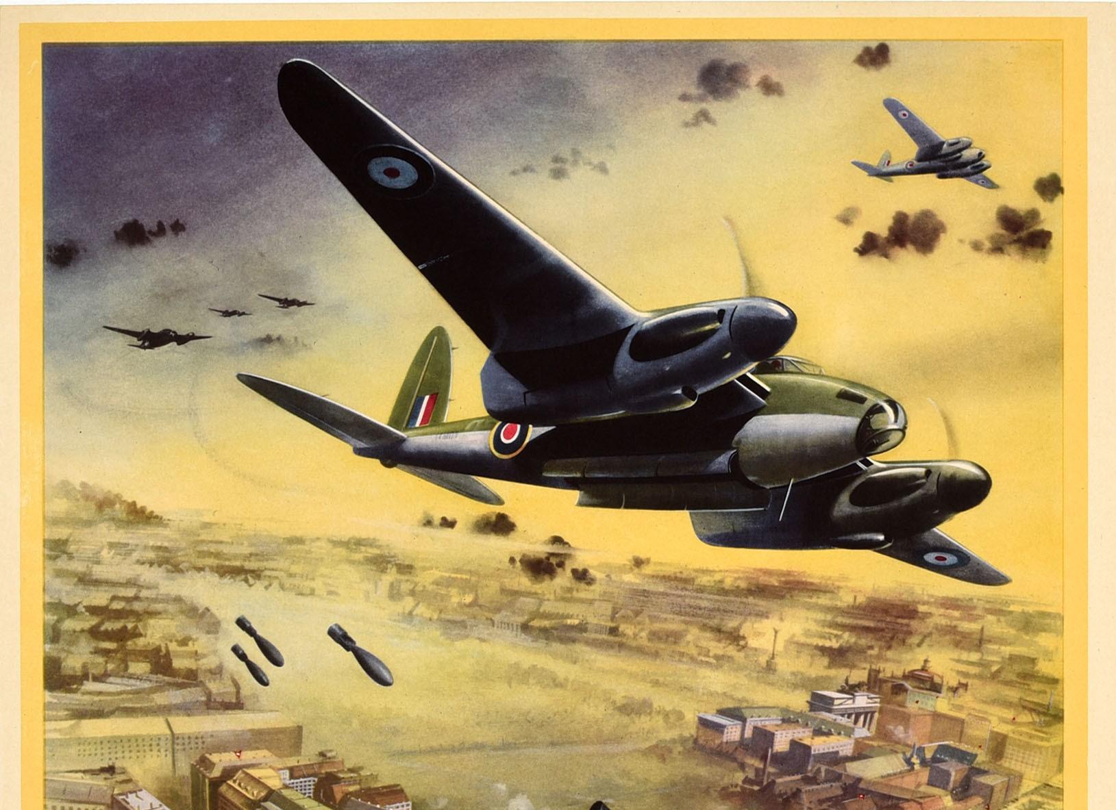 Original vintage World War Two propaganda poster entitled R.A.F day raiders over Berlin's official quarter The Downfall of the Dictators is Assured featuring dynamic artwork of British de Havilland Mosquito planes dropping bombs over Berlin in