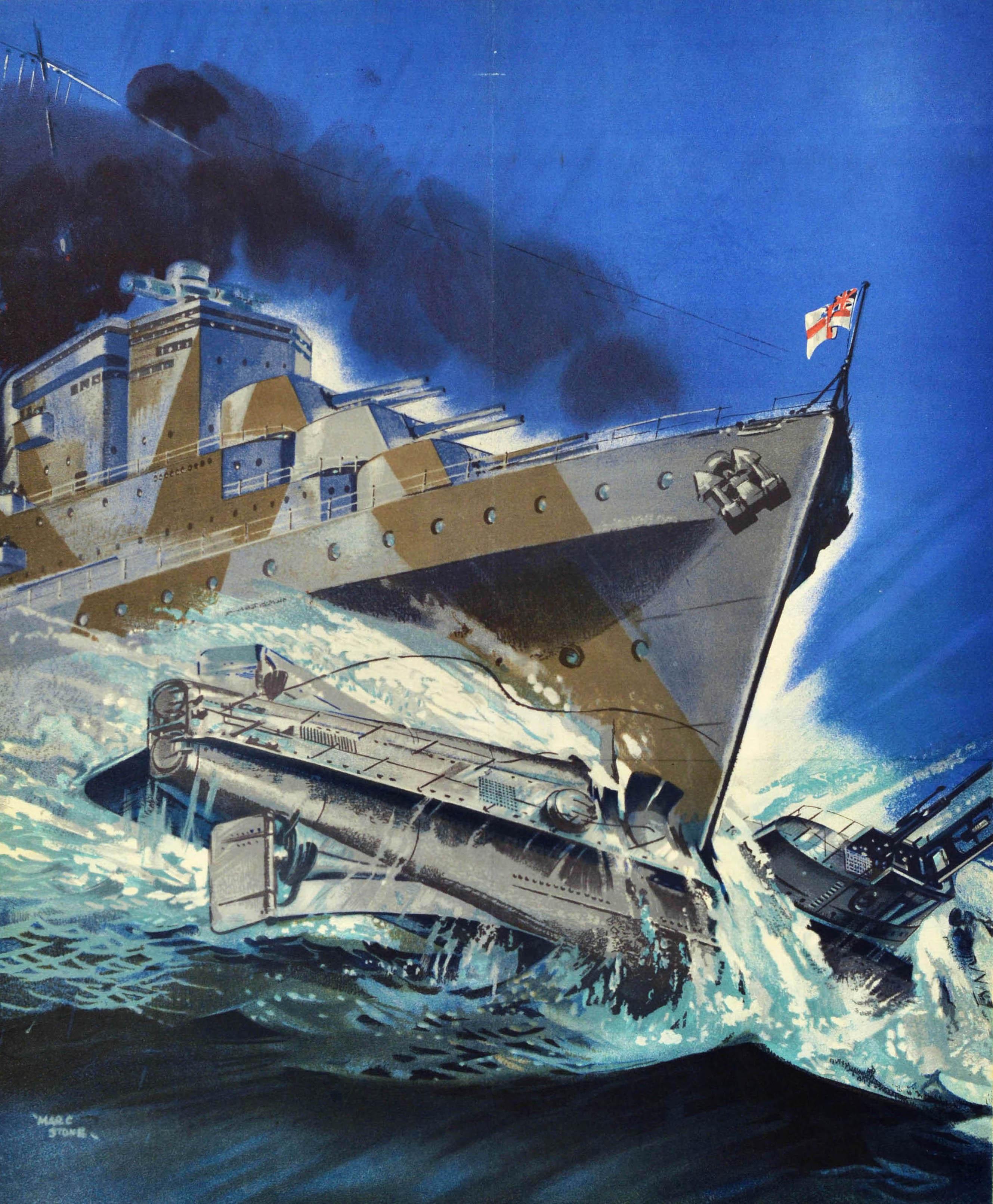 Manifesto di propaganda originale della Seconda Guerra Mondiale - De Ondergang De Dictators Is Verzekerd / La caduta dei dittatori è assicurata - con un'immagine dinamica di una battaglia in mare dell'artista britannico Marcus Stone (1909- 1991) che
