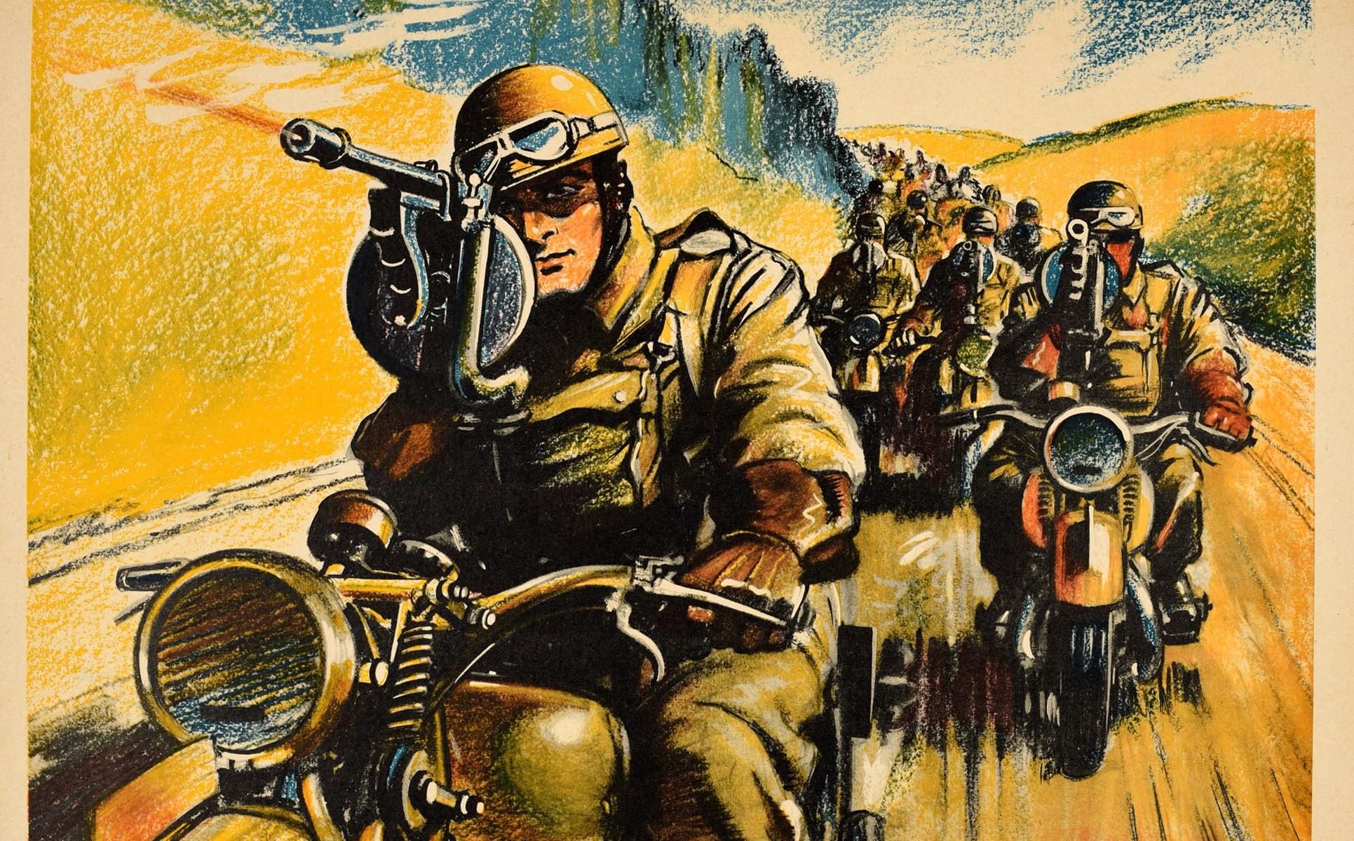 Original vintage World War Two poster featuring a great illustration by Roland Davies (1904-1993) entitled A motor-cycle detachment of the British Army armed with 