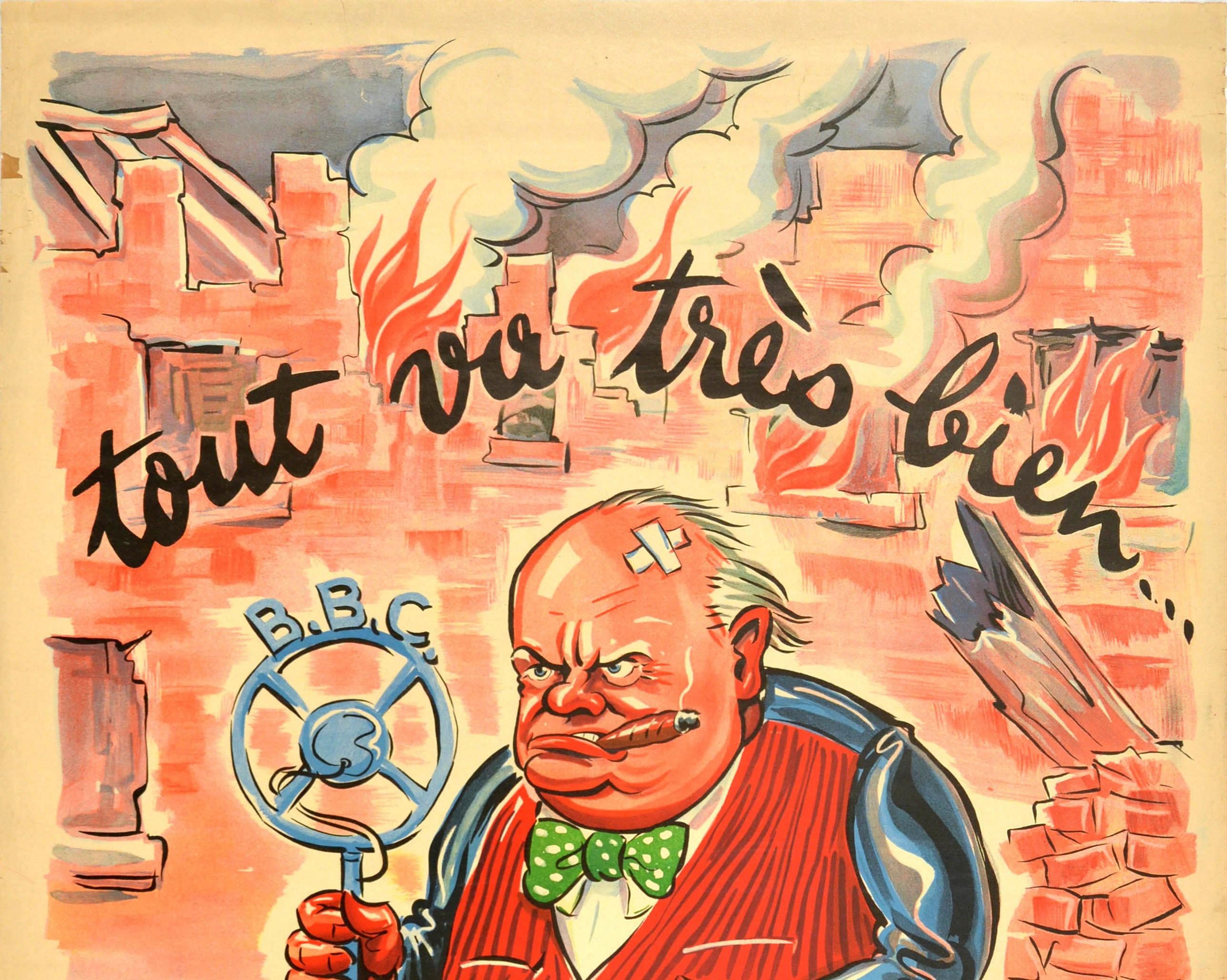 Originalplakat aus dem Zweiten Weltkrieg - tout va tres bien. Madame la Marquise - zeigt eine Karikatur von Winston Churchill in zerrissener Kleidung, mit gekreuzten Pflastern auf dem Kopf und einem Hut mit Davidstern auf dem Boden, der eine Zigarre