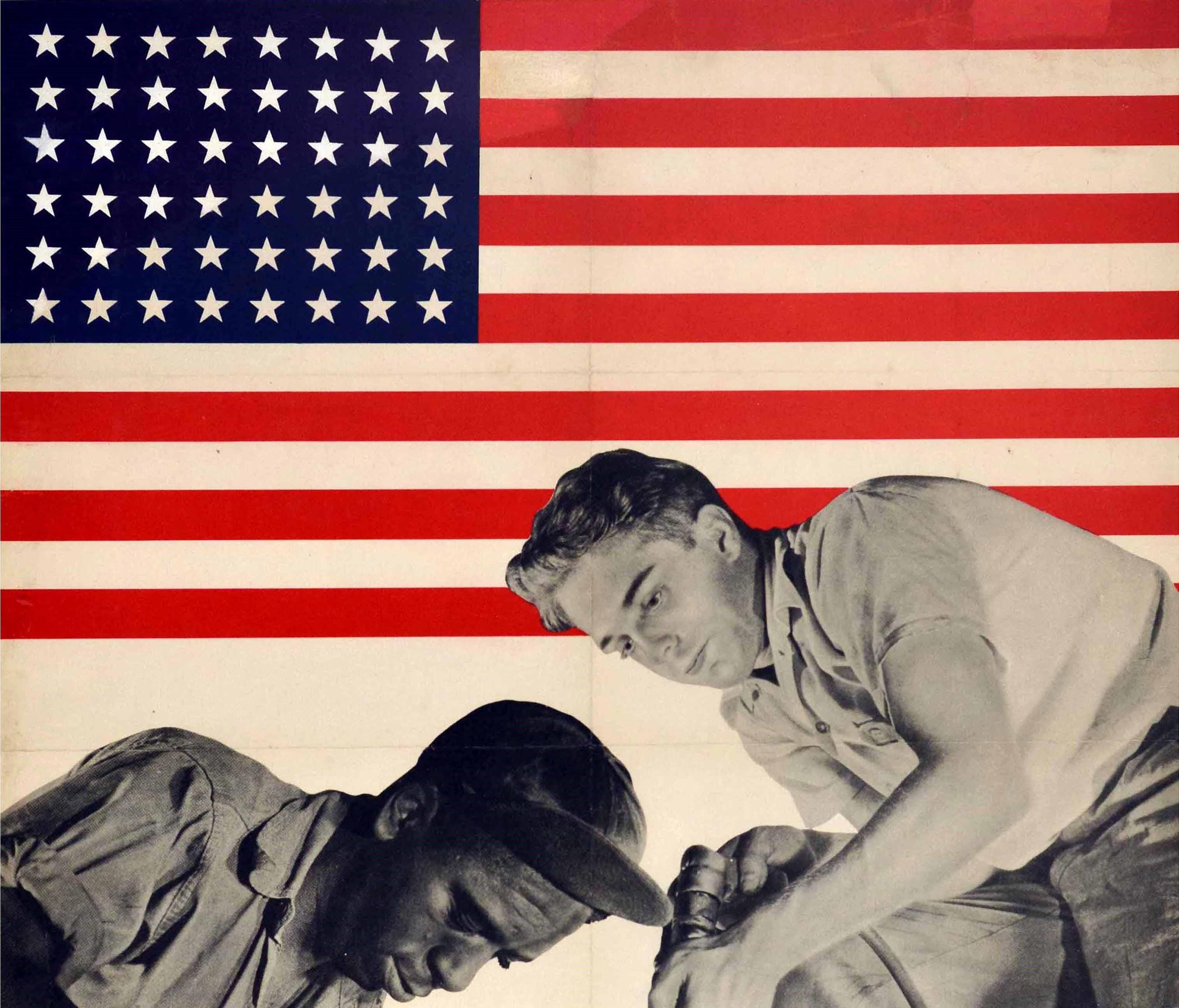 Original vintage World War Two propaganda poster issued by the War Manpower Commission promoting racial solidarity among wartime workers featuring a black and white photograph of two factory workers working together at an integrated aircraft plant