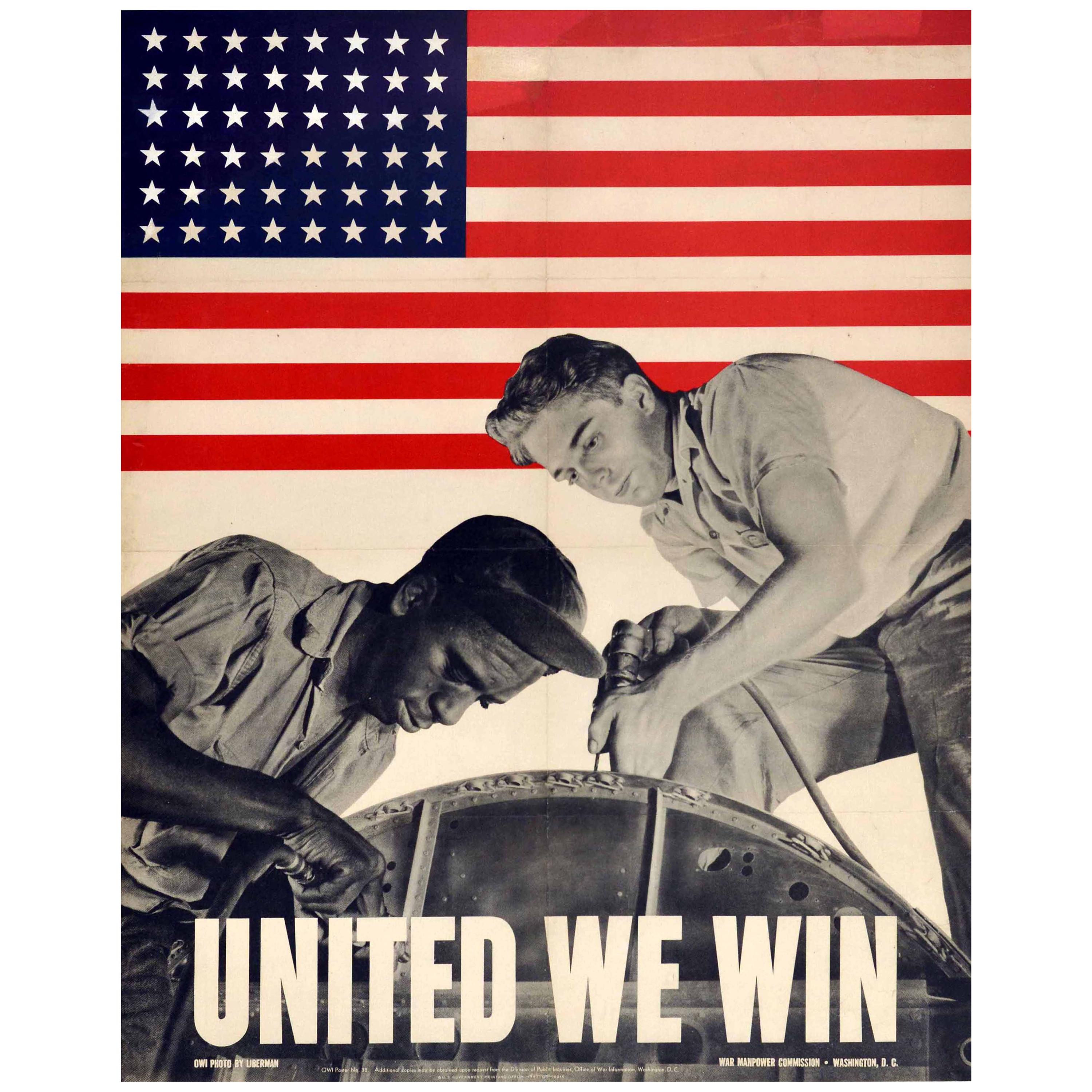 Original Vintage WWII Poster United We Win War Effort Factory Workers USA Flag