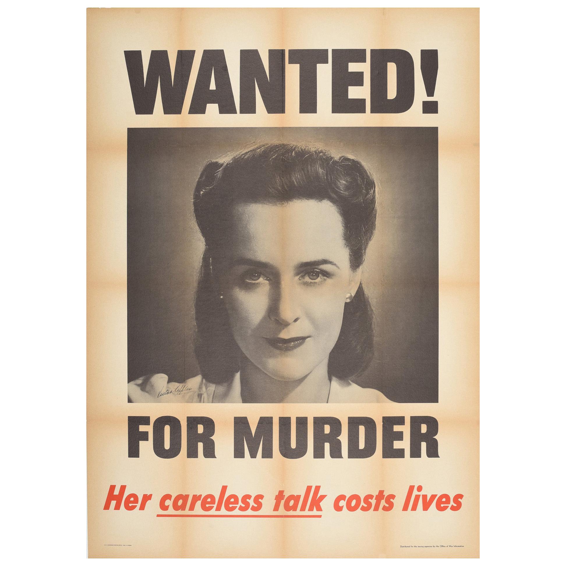 Original Vintage WWII Poster Wanted For Murder Careless Talk Costs Lives Warning For Sale