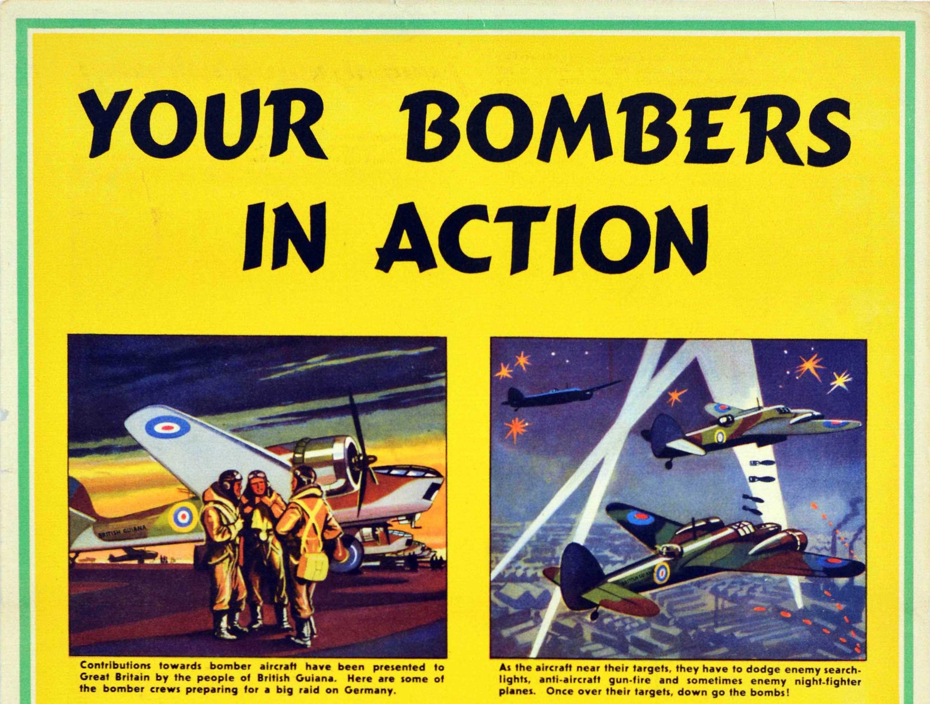 Original vintage World War Two poster - Your Hurricanes In Action Thank You British Guiana! - featuring four colourful captioned illustrations against a yellow background depicting pilots preparing for a raid on Nazi Germany standing to a Bomber